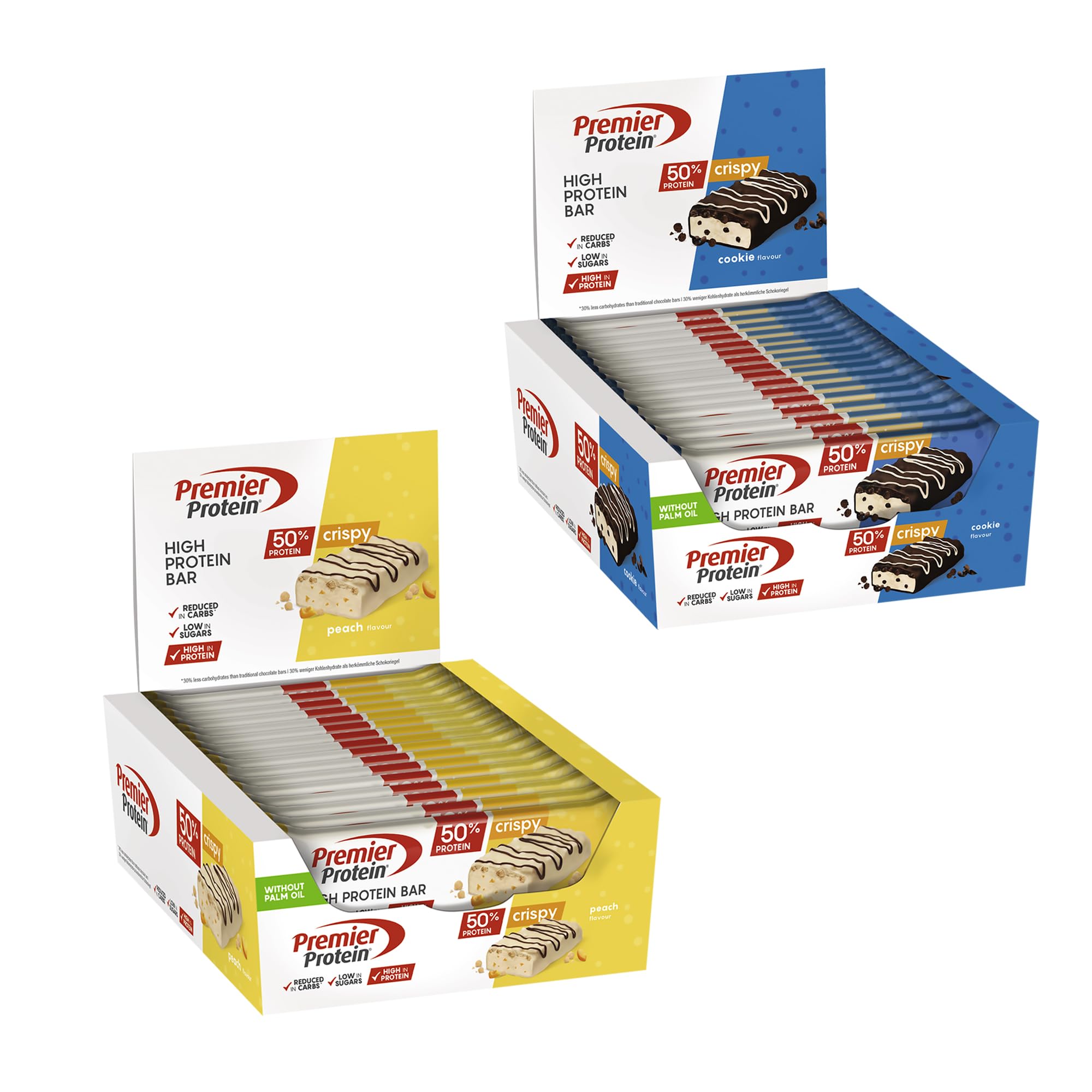 Premier Protein High Protein Bar Crispy Bundle – Crispy Peach (16x40g) + Crispy Cookie (16x40g)