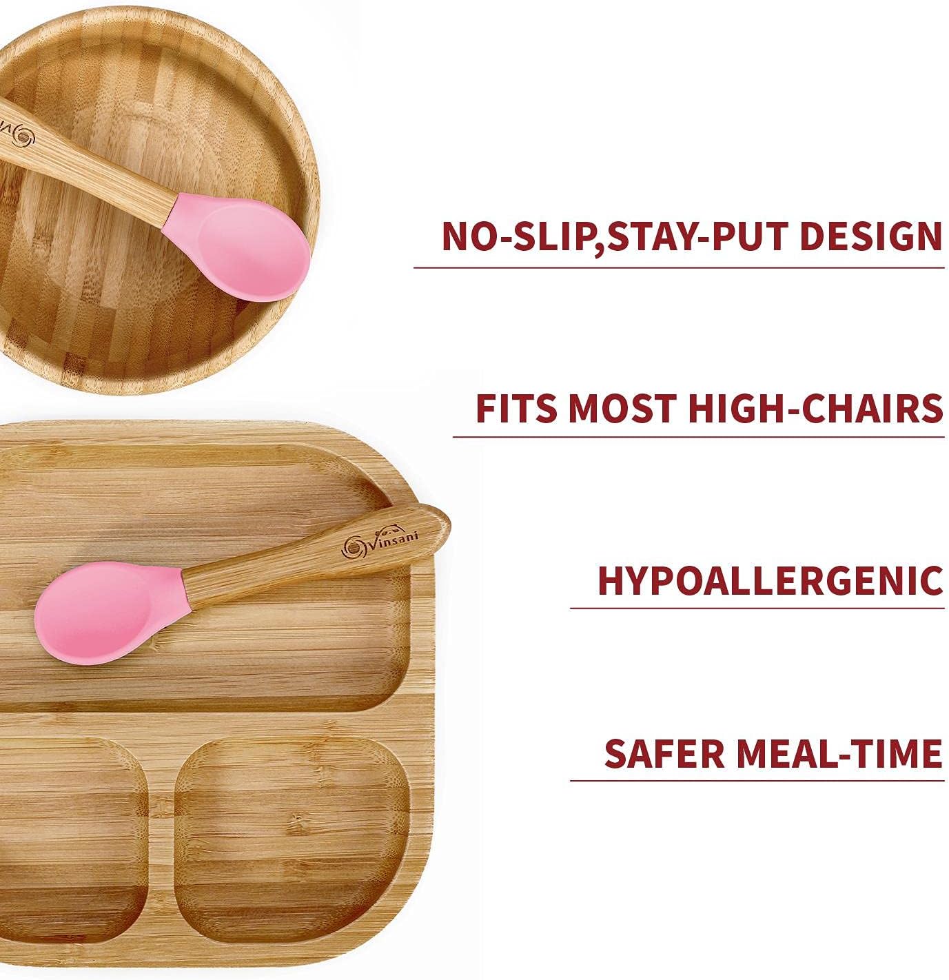 Vinsani Bamboo Bowl, Square Plate and Spoon Set for Baby/Toddler, Suction Plate, Stay-Put Design, Hypoallergenic and BPA-Free (Pink) - Image 5