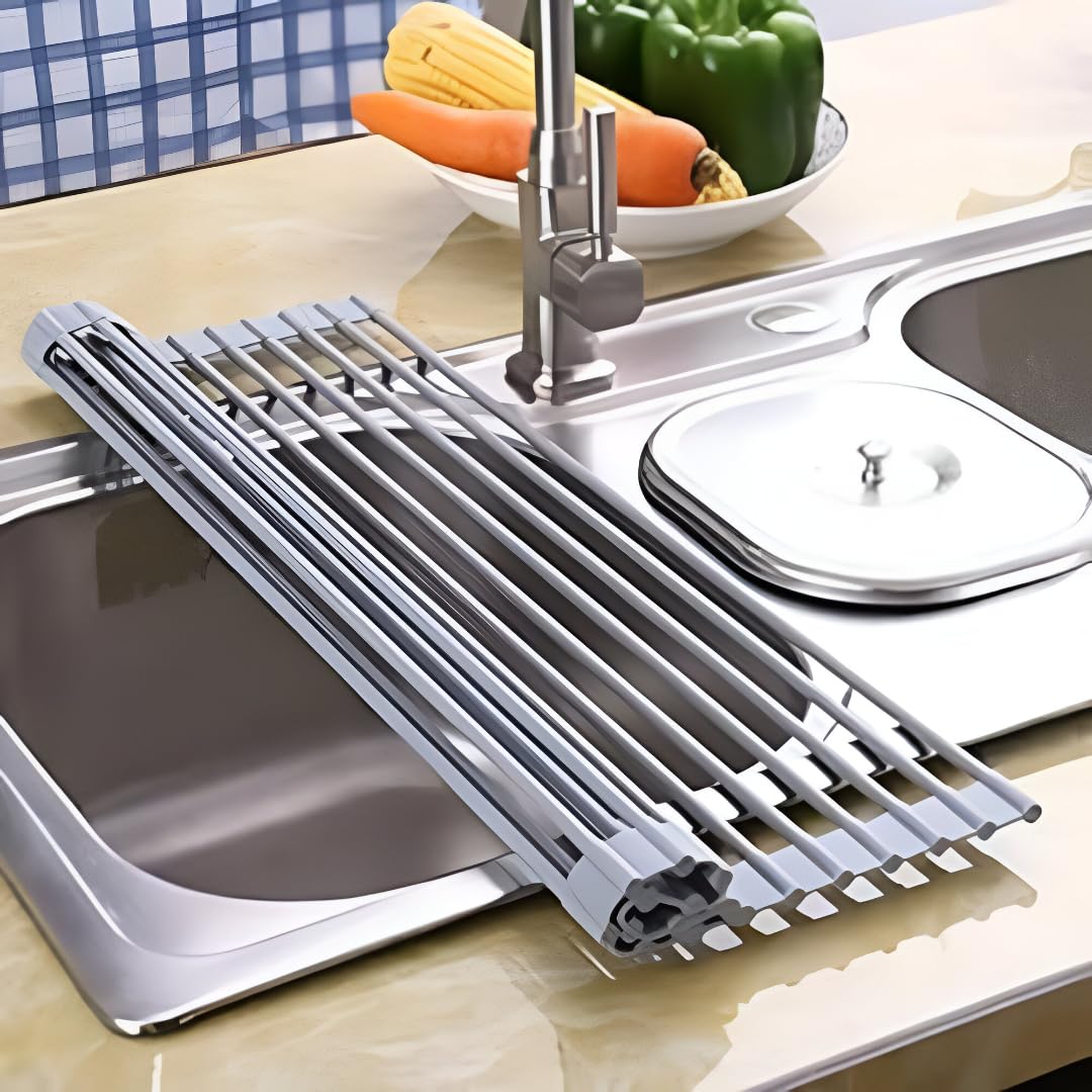 Roll Up Over The Sink Rack | Multipurpose Dish Drying Rack | Foldable Dish Drainer Rack for Washing Dishes Stand -Stainless Steel Utensils Rack After Wash - Big Size(18 X 17.7 Inch)