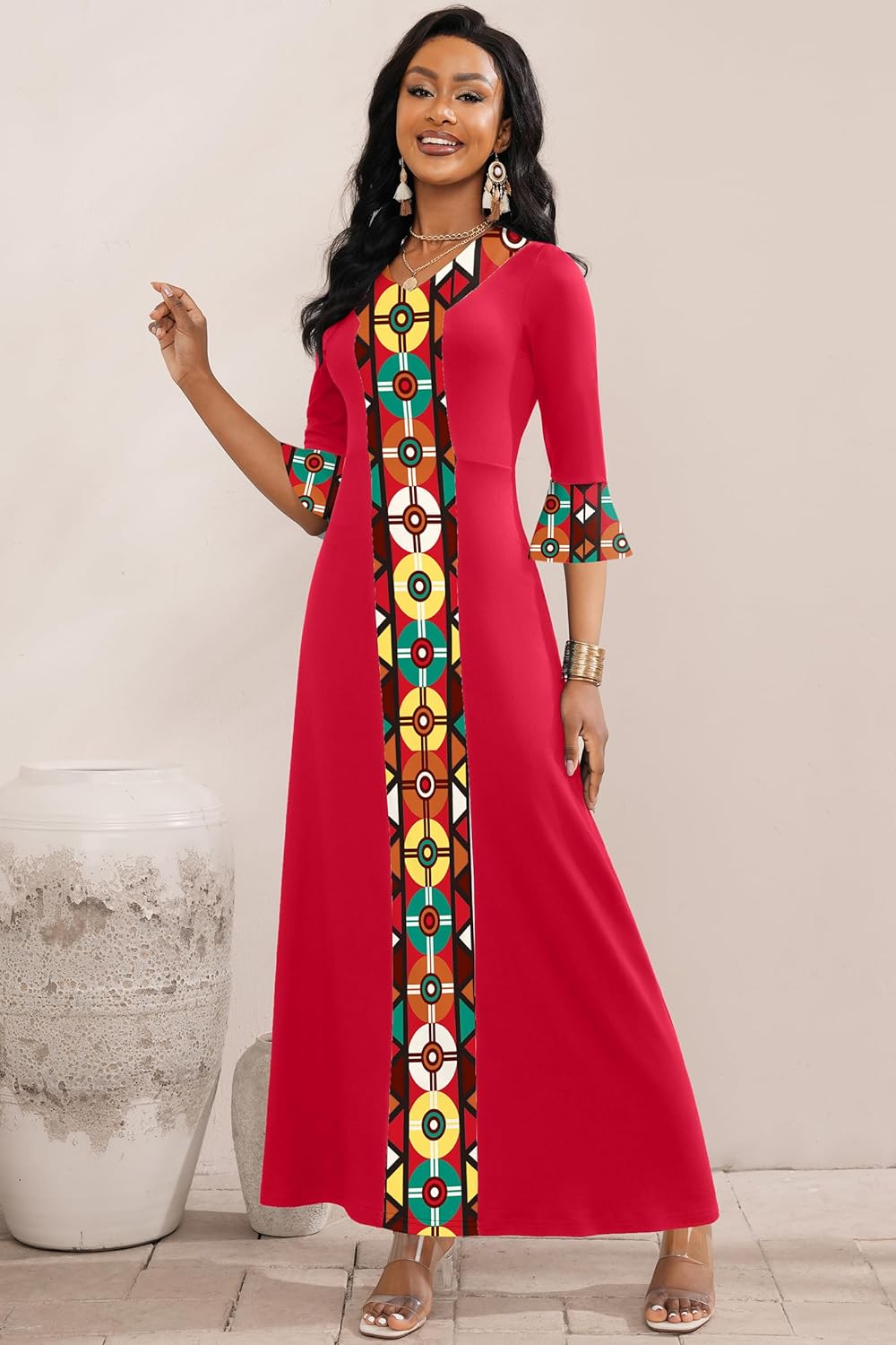 FANDEE Elegant Maxi Long V-Neck Casual Dress for Women, Bell Sleeve African Print Dresses for Cocktail Party（M-3XL） - Image 2