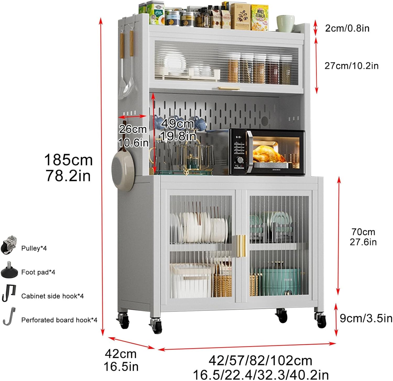 White Storage Cabinet, Sturdy Kitchen Rack & Bread Rack for Microwaves, Coffee Station & Pantry Organization with Pegboard Accessories, 82cm/32.3in - Ideal for Home & Garage