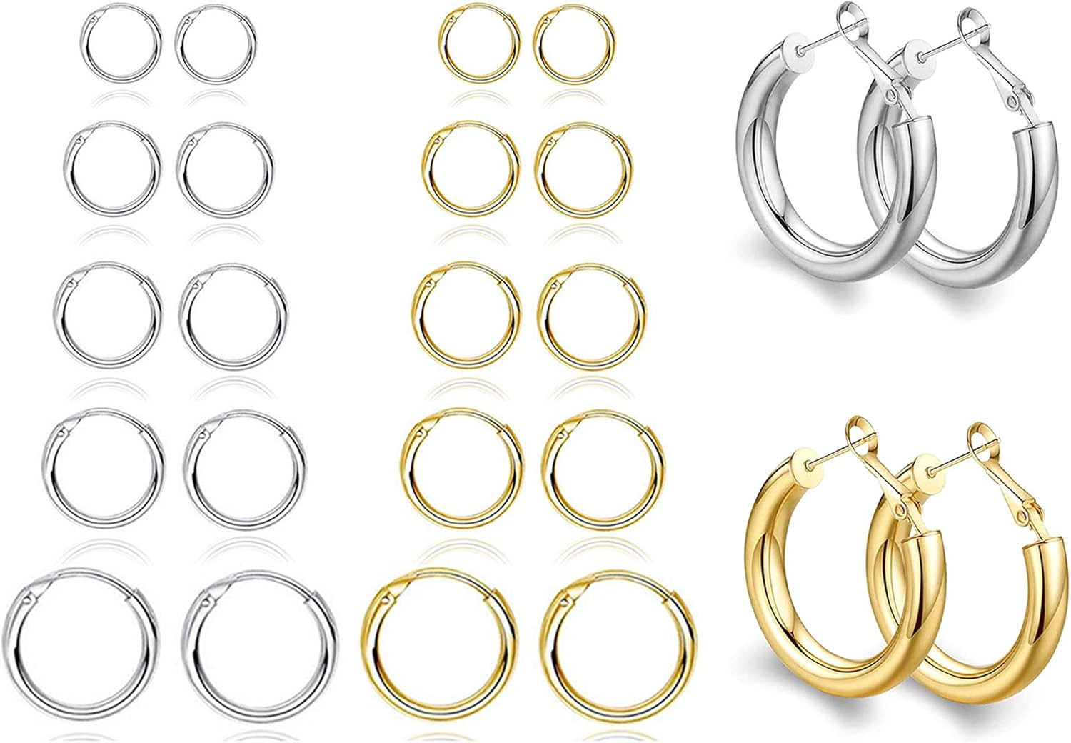 Silver & Gold Hoop Earrings for Women Small Thick Huggie Earrings Girls Stainless Steel Hypoallergenic