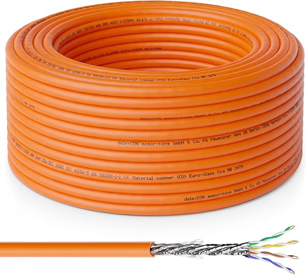 deleyCON 10m CAT.7 Kabel do Instalacji Miedziany Sztywny S/FTP PIMF Sieciowy LAN Ethernet do Transmisji Danych Gigabit 10 Gbit 1000 MHz LSZH Bezhalogenowy Certyfikat BauPVO - GHMT