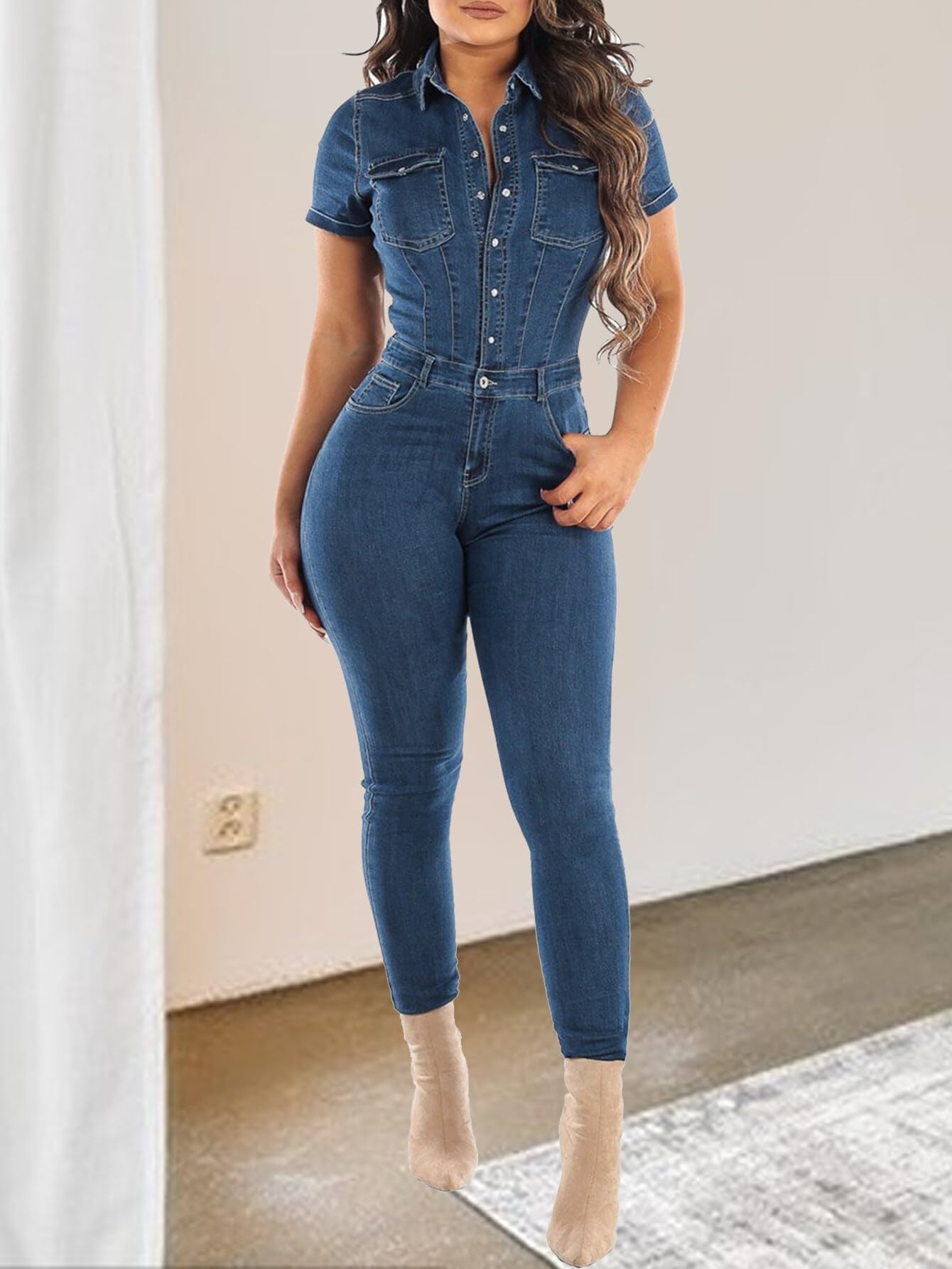 Asudaro Tuta Intera In Denim Da Donna Con Vita Media E Jeans Skinny Comodi