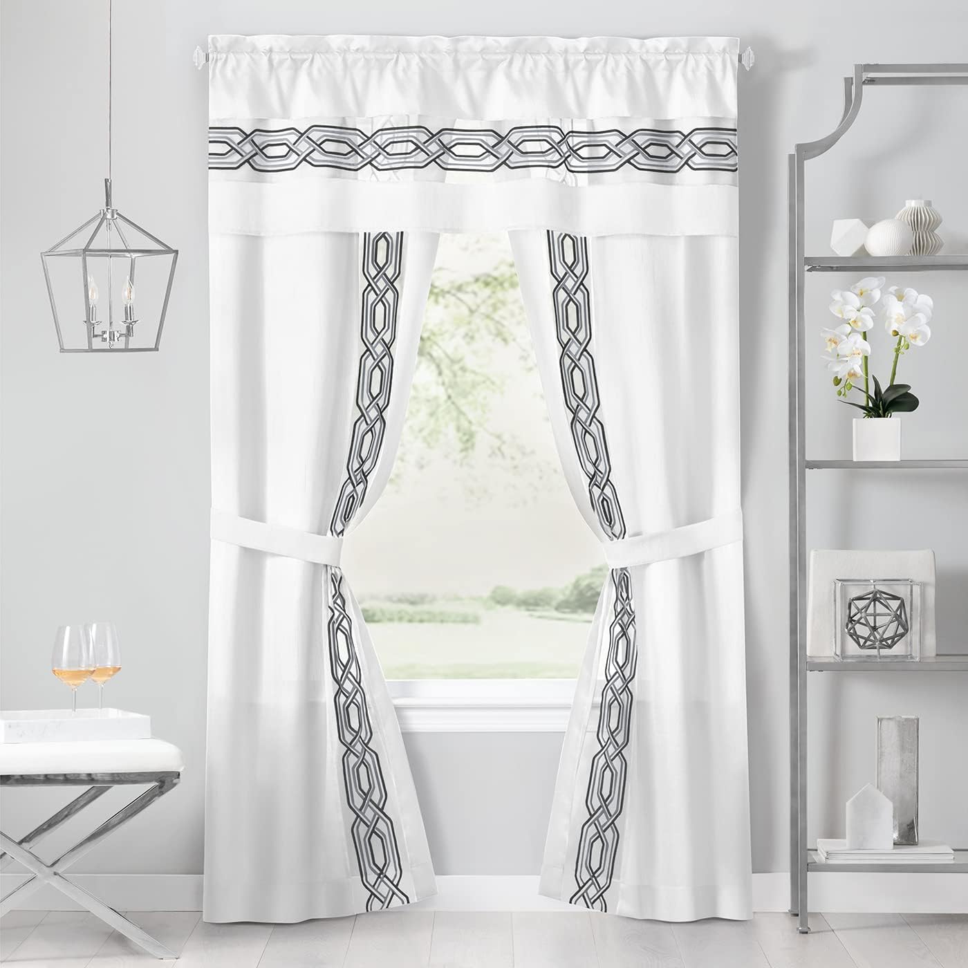 ACHIM Paige 5-Piece Window Curtain Set - 55 Width, 84 Length, 2 Inch Rod Pocket - Silver - Light Filtering Set Includes Valance with Attached Panels & Two Tie Backs - Machine Washable Home Decor