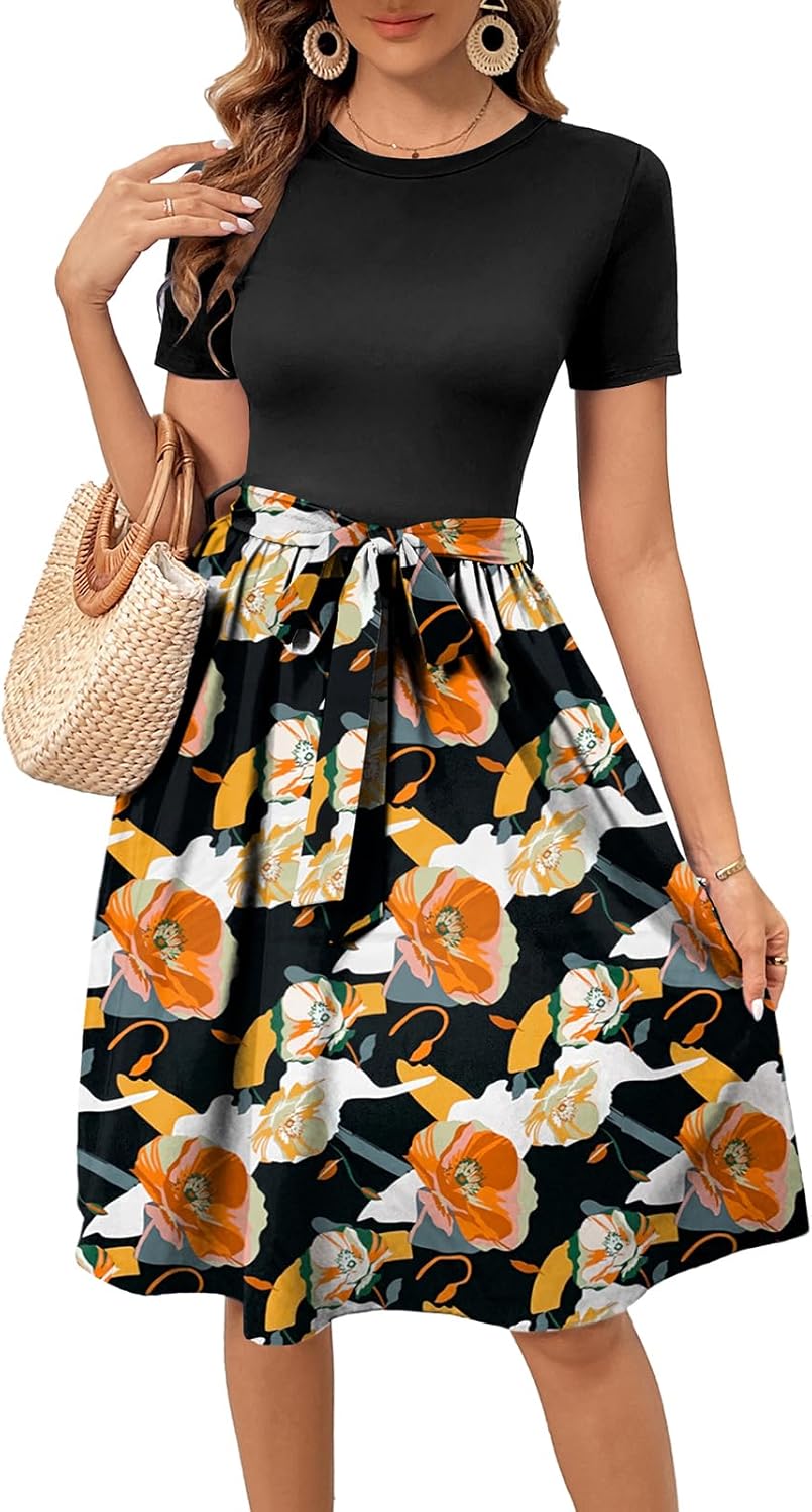 Women's Elegant Vintage Round Neck Short Sleeve Summer Casual Work Party A-Line Dress with Belt 809 - Image 4