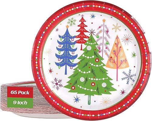 65 platos de papel de Navidad desechables para fiestas para postre cena, aperitivo, ensalada, pasteles, galletas, Navidad, vacaciones, vajilla,