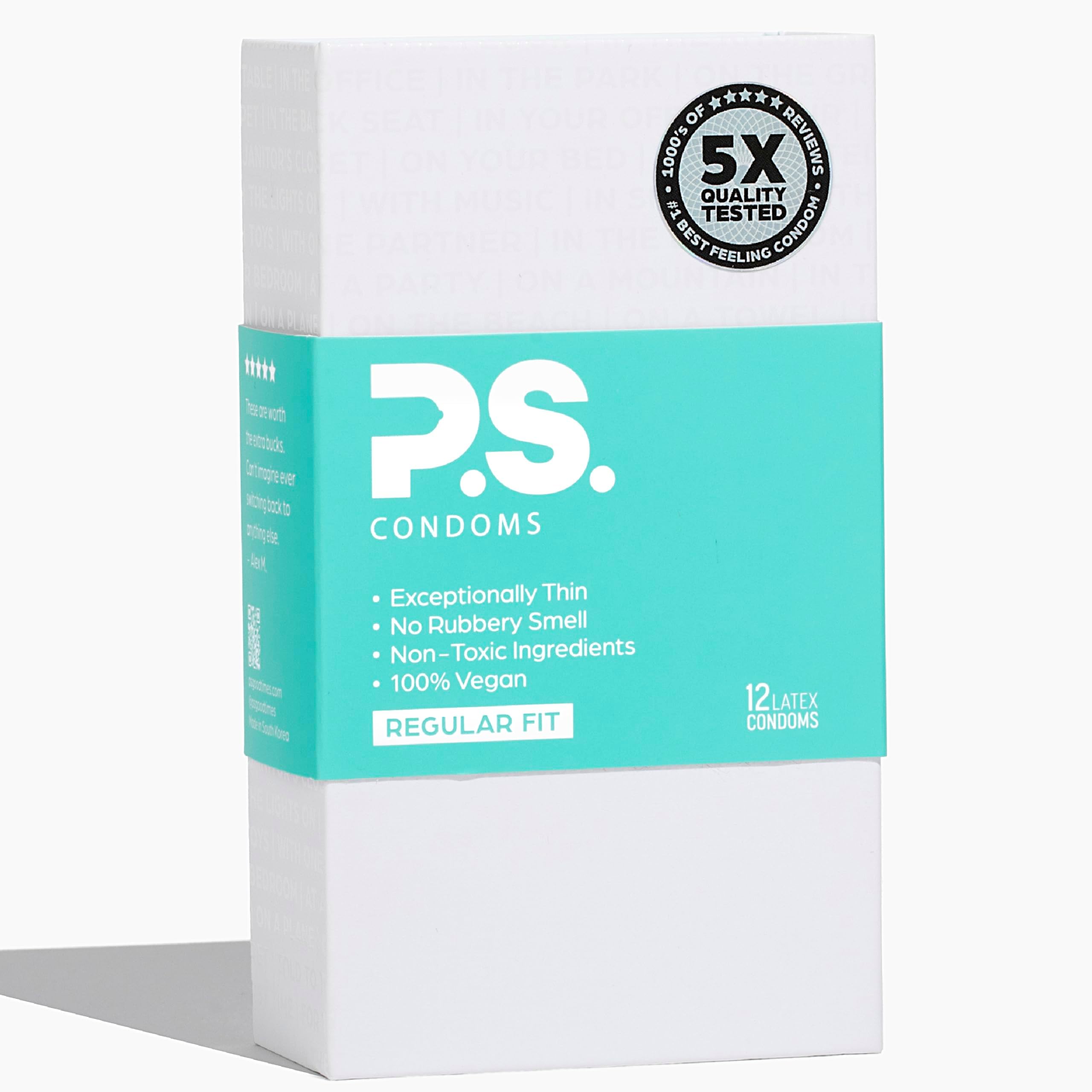 PS Condoms Exceptionally Thin Latex Condoms, Clean & Odorless, 12 Pack | Individually tested, 0.045 mm natural rubber, 40% thinner, lubricated, vegan, and free of PFAS, gluten, glycerin and parabens