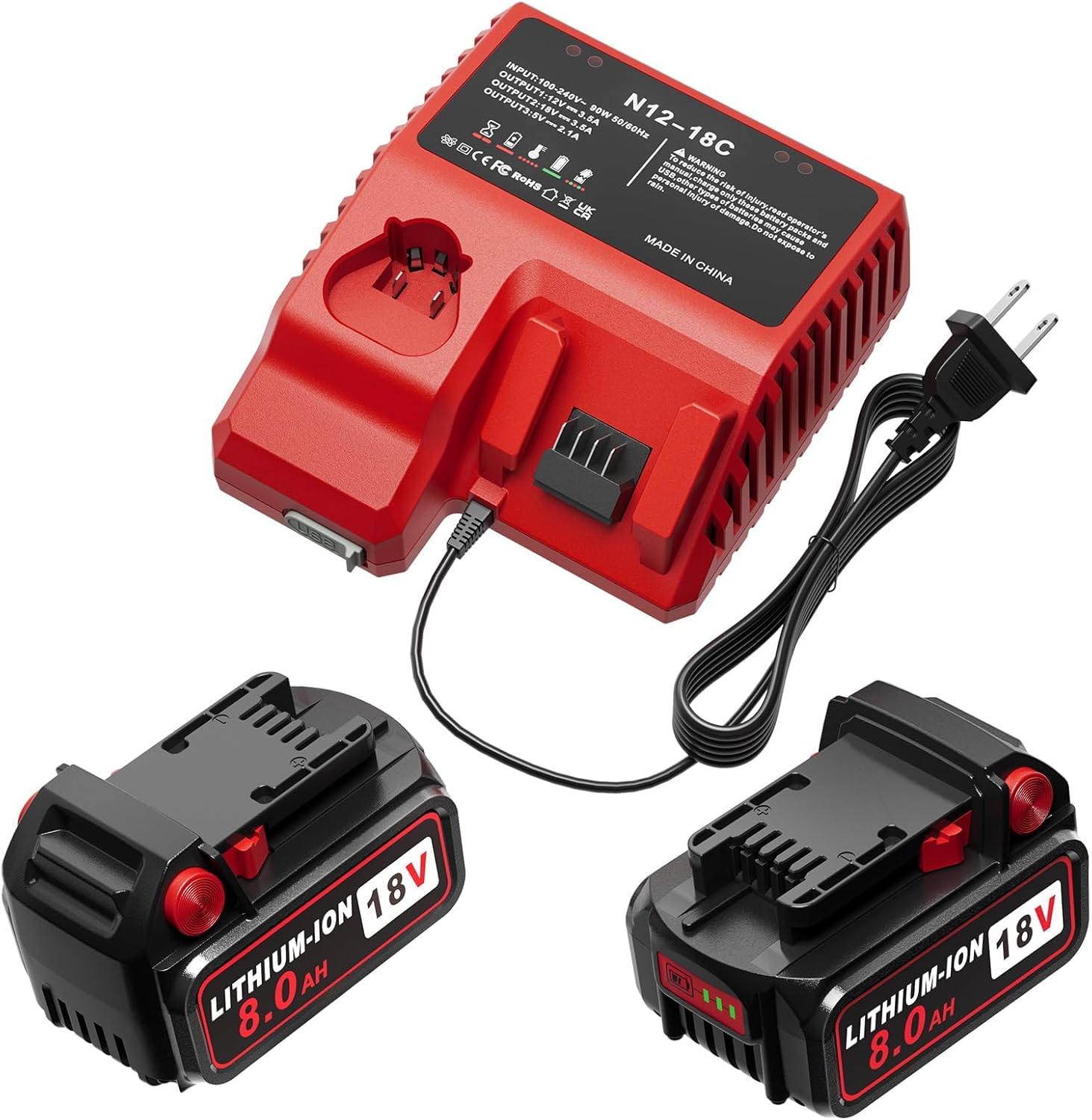 2 Pack 18V 8.0Ah Batteries Replacement for Milwaukee M18 Battery and Charger Compatible with Milwaukee 18V Lithium Battery 48-11-1850 48-11-1852 48-11-1820 48-11-1828 48-11-1830 48-11-1811