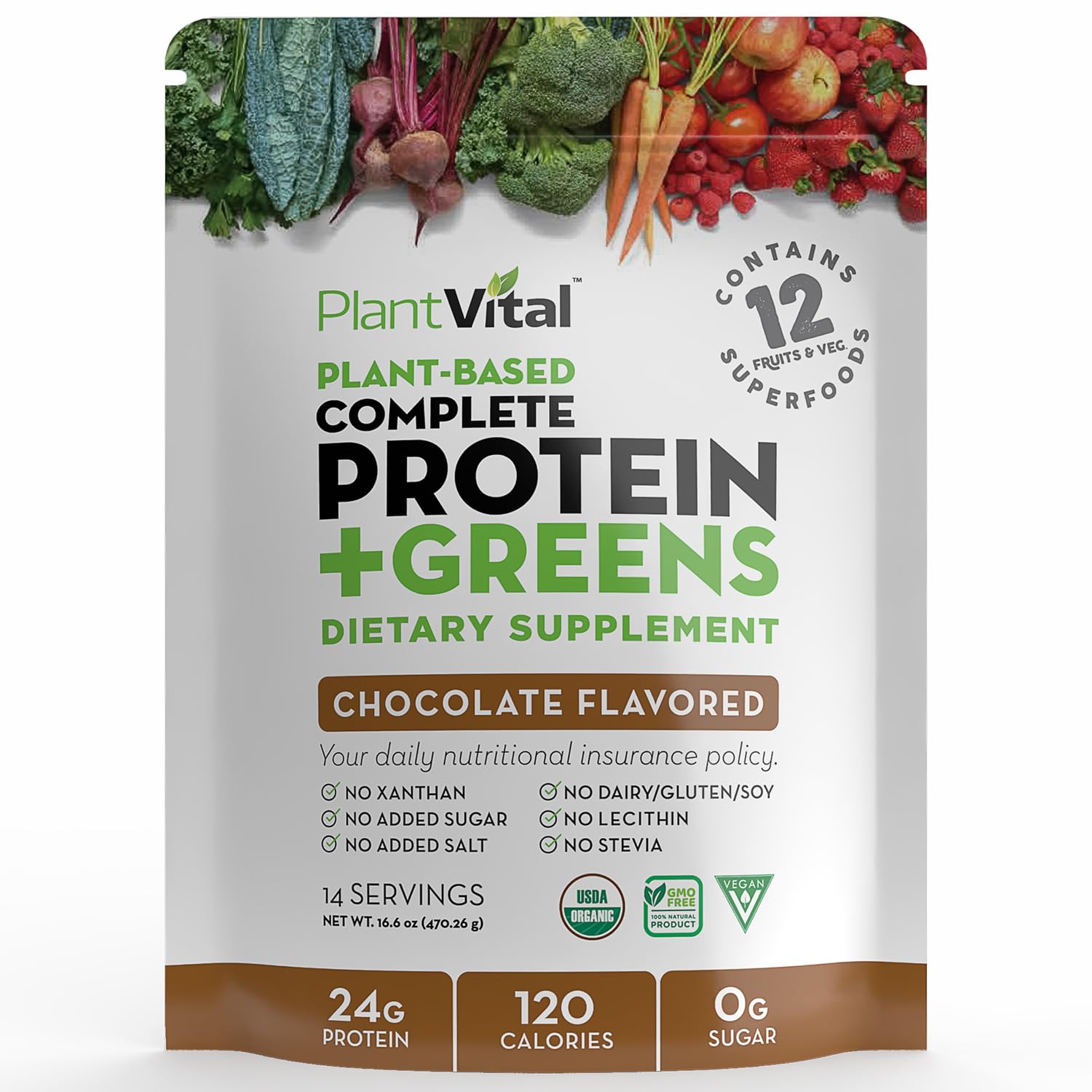 Vegan Protein Powder Plant Based, Organic Protein Powder Chocolate 24g/0g Sugar, 12 Superfoods, Veggies, Probiotics, Raw Cocoa, Kale, Beets, Spirulina, Pea, Gluten-Free, Keto-Friendly,16oz