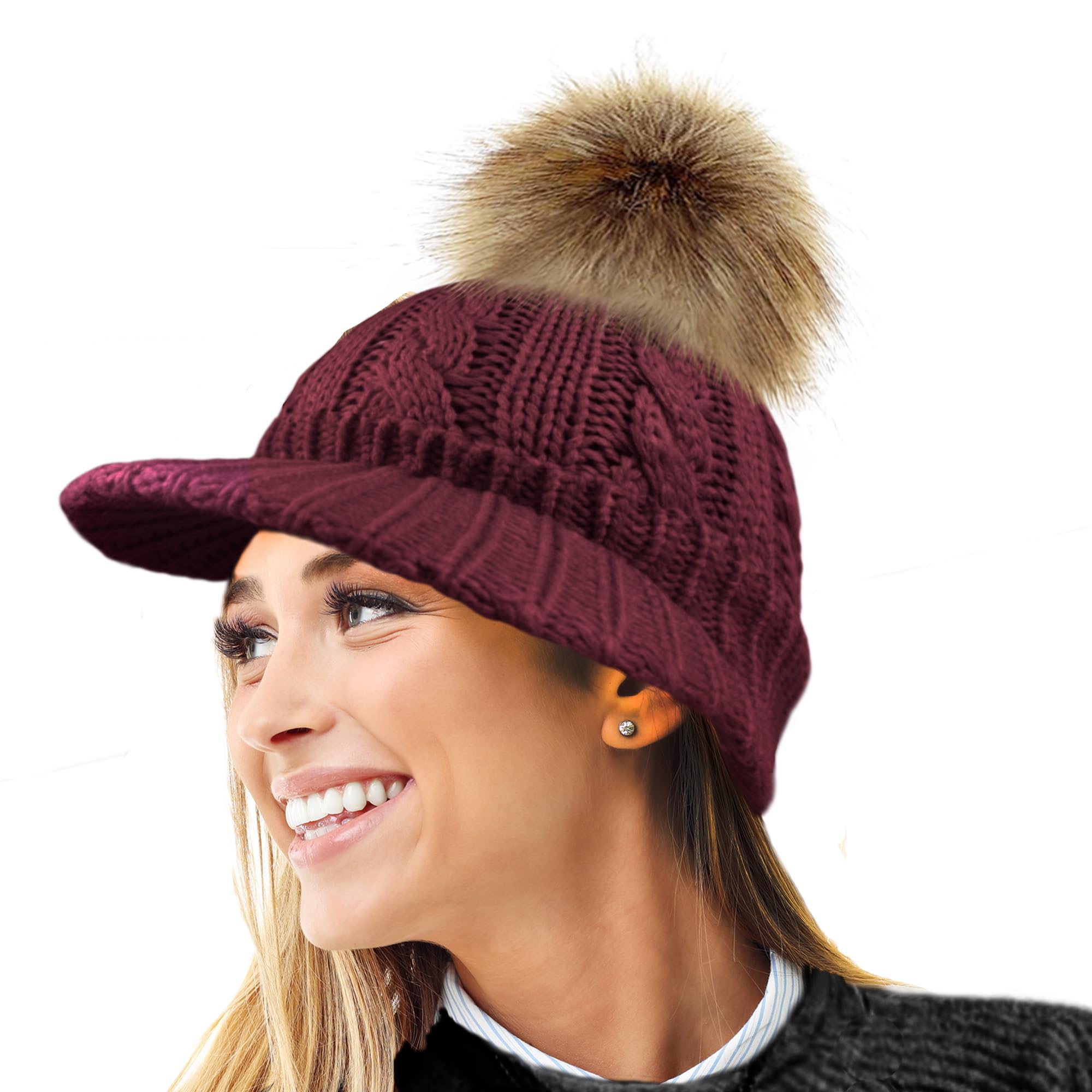 Rockjock Women's Burgundy Cable Warm Fleece Lined Knitted Peaked Beanie Baseball Cap With Detachable Faux Fur Pompom- Wear With Or Without