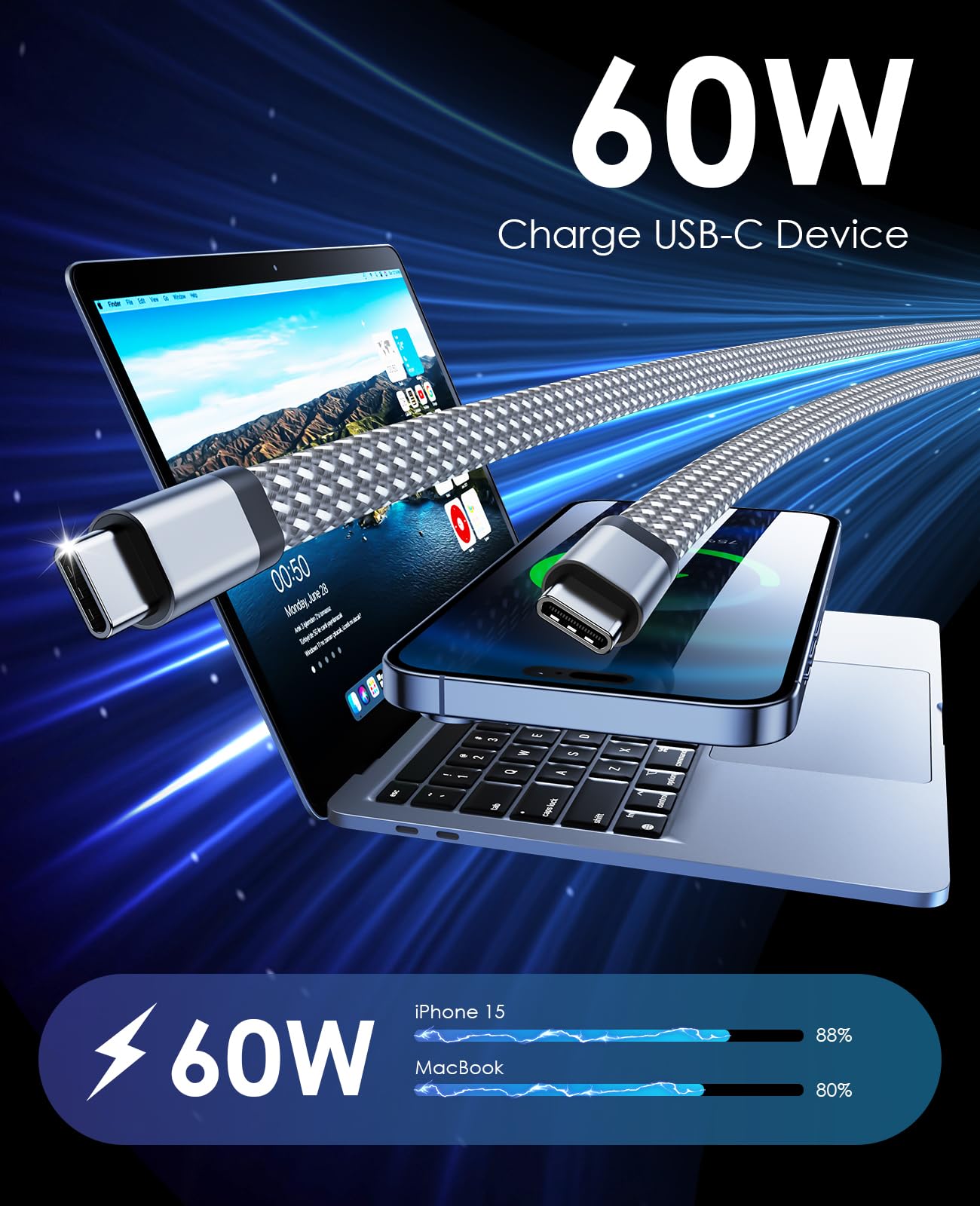 Magtame Cavo USB C, cavo magnetico da USB C a USB C, 60 W (3 A), cavo piatto USB C da 1 m, in nylon intrecciato tipo C, cavo di ricarica rapida compatibile per dispositivo USB C per pad per Samsung