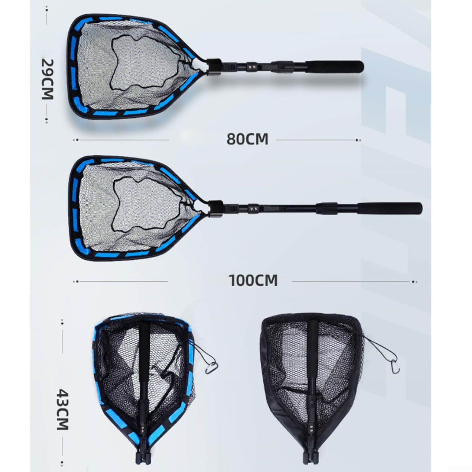 Retino galleggiante telescopico pieghevole, Retino da pesca retrattile, attrezzatura per la cattura dei pesci per acqua dolce e salata, con fibbia con un clic, design con cordino antiscivolo