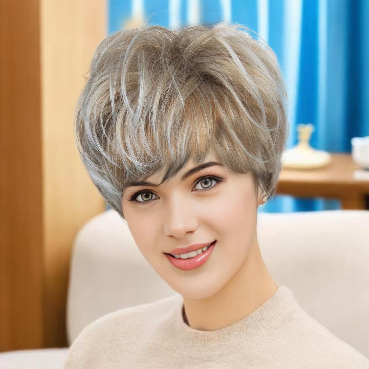 1 Piece Blonde Women Short Wig, Slanted Bangs Wig, Fluffy Multi-Layered Women'S Short Hair, Suitable for Cosplay Masquerade - Image 4