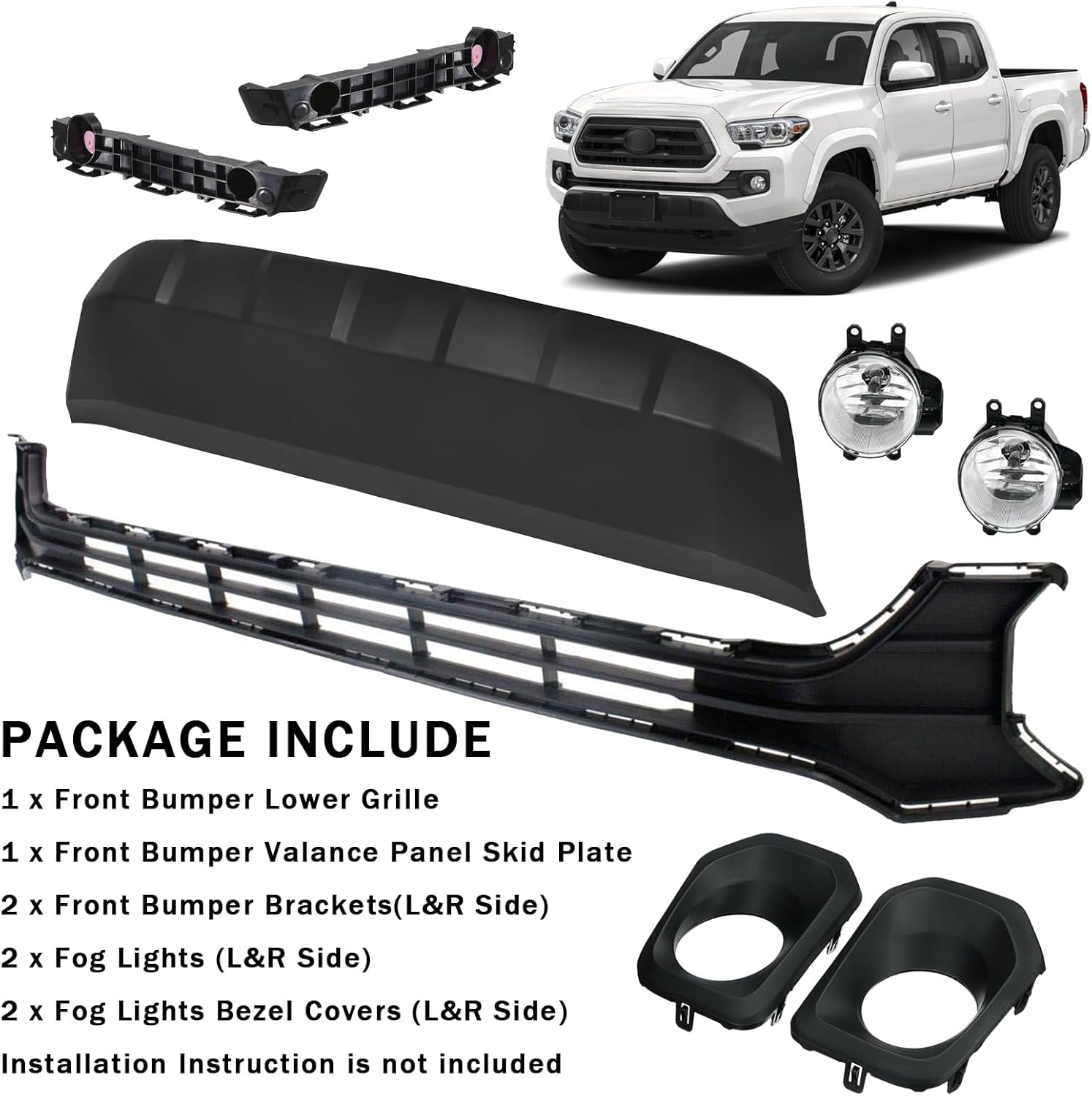 Front Bumper Lower Grille & Valance Panel Skid Plate & Fog Light With Bezels Cover & Bumper Brackets Kit Fit For 2016-2023 Toyota Tacoma Black Replacement