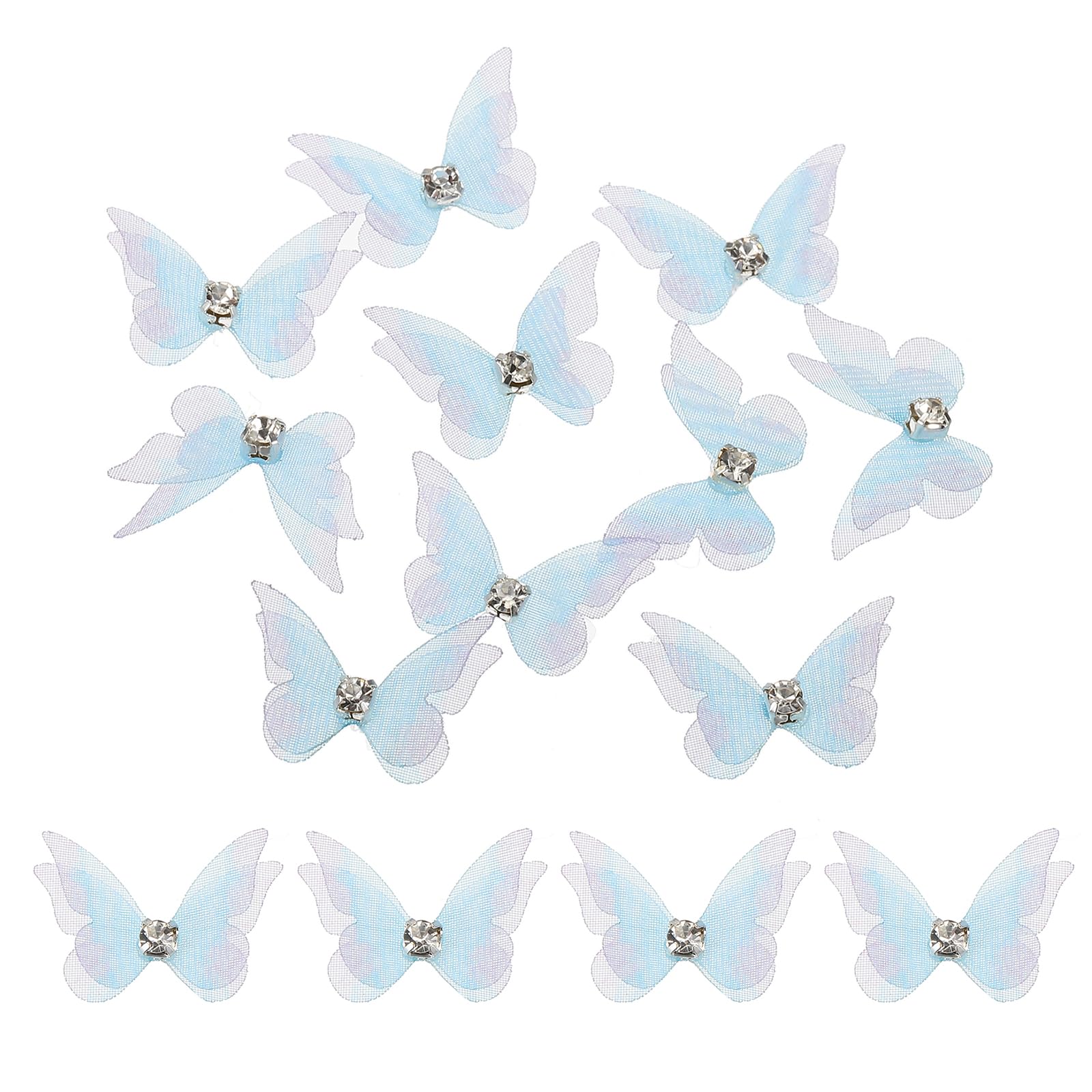 sourcing map 30Pcs Sheer Mesh Butterfly Appliques, 20mm Two Layers Butterflies with Gem Applique Patch DIY 3D Craft Ornament for Wedding Party Home Decor Clothes, Light Blue