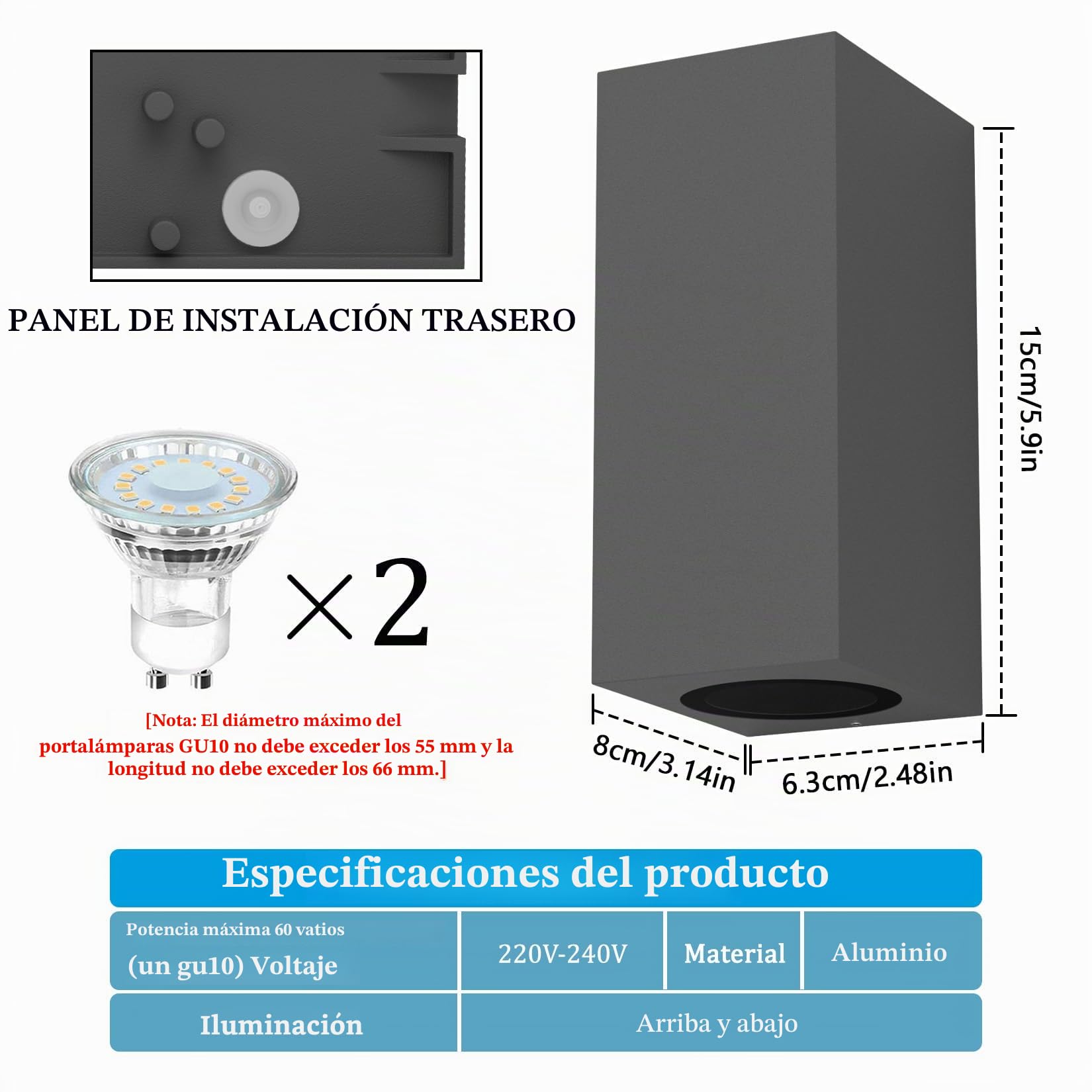Aipsun 2 piezas Cuadrado Lámpara pared Exterior/Interior Gris oscuro | GU10 IP65 Impermeable Luz de Pared Aplique Exterior,Aplique de exterior moderno para terraza, jardín, pasillo(sin bombilla)