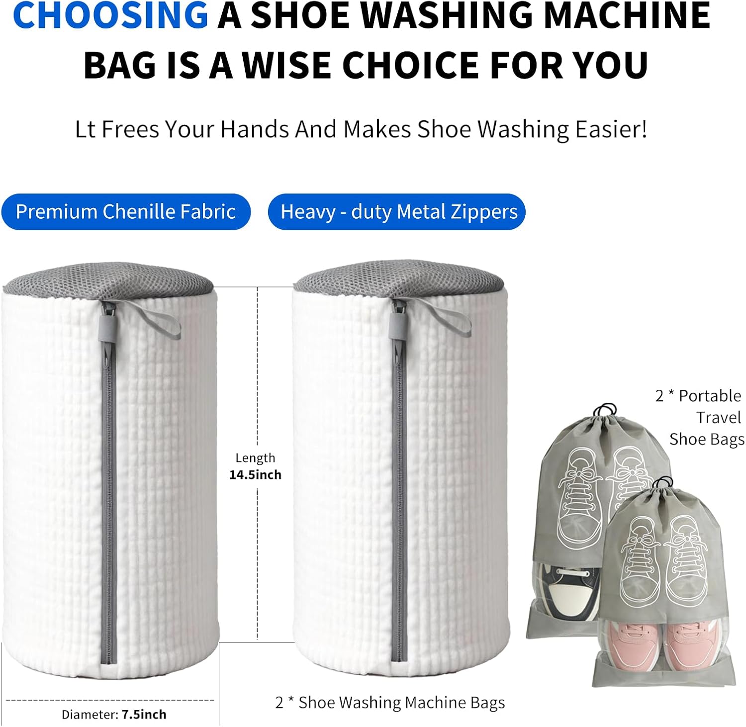 Shoe Washing Machine Bag 2 Pack，Travel shoe bag 2 Pack - Fits All Shoe Types，Reusable，360°Deep Cleaning with Self-Locking Zipper, Wash Two Pairs at Once, Protects Shoes and Washing Machines（White）