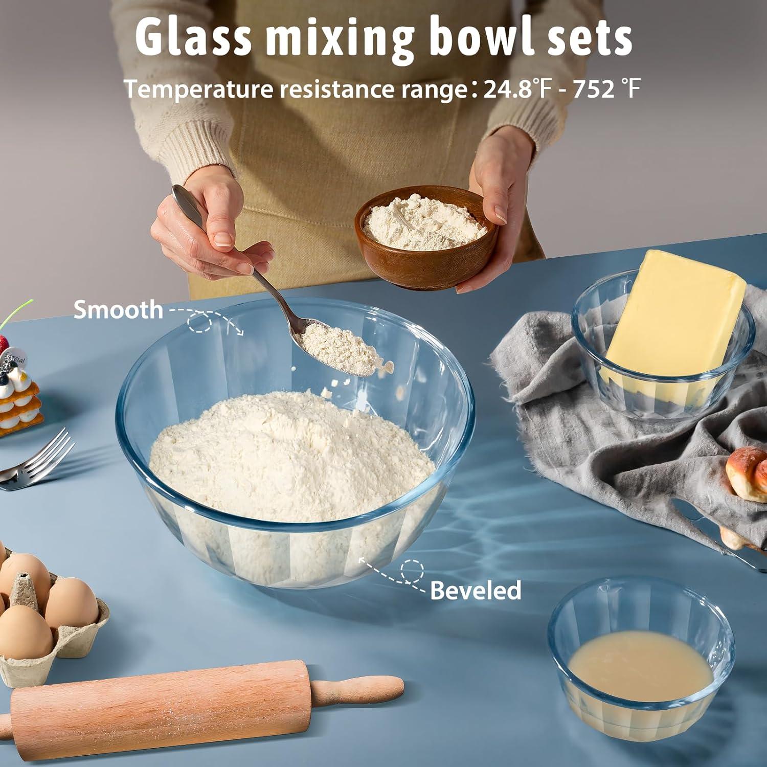 Freshmage Mixing Bowls with Airtight Lids Sets, 5 Packs Thick Glass Nesting Bowls for Kitchen Baking, Meal Prepping, Bpa Free, Dishwasher Safe, 0.5/0.8/1.6/2.7/4.4 Qt - Image 2