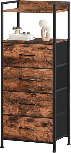 Somdot - Mesita de noche con 4 cajones, cajonera vertical con estructura de acero resistente, parte superior de madera y cajones de tela fáciles de