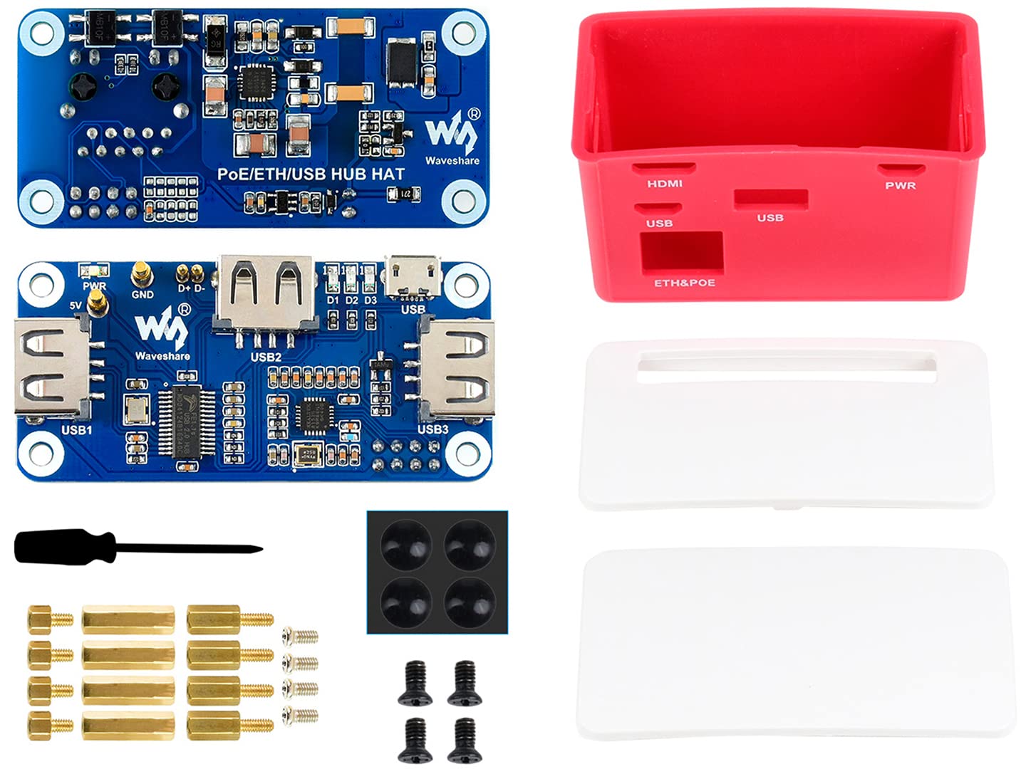 Waveshare PoE Ethernet/USB HUB HAT Board avec boîtier ABS pour Raspberry Pi Zero 2W/2WH/Zero, port Ethernet compatible avec PoE 802.3af et 3 ports USB 2.0 compatibles avec USB 2.0/1.1