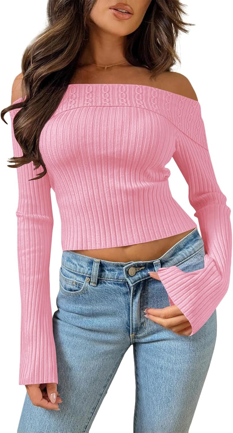 Goranbon Women's Off Shoulder Ribbed Knit Crop Sweaters Cute Wrap Long Sleeve Slim Pullover Jumper Tops