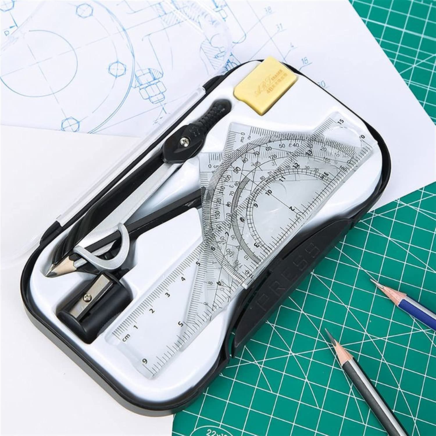 AKAZI Geometrie-Set Professioneller Kompass Mathe-Geometrie-Winkelmesser Zeichnen Kompass Lineal Dreieck Mathe-Studien-Tool-Kit Schulbedarf (7 Stück/Set) Kompass-Set