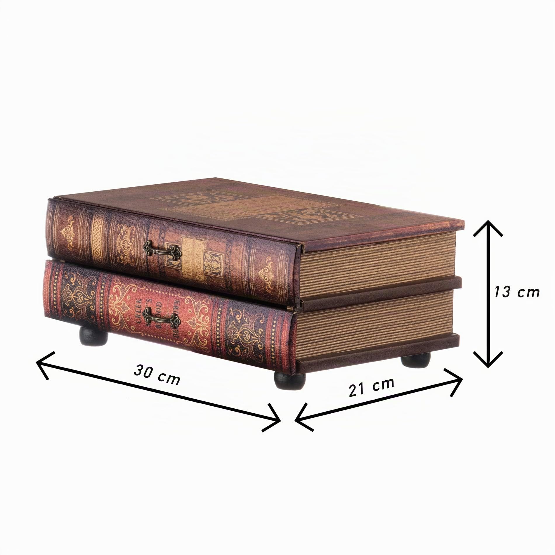Rebecca Mobili Coffre-Fort Livre Etui de Rangement 2 Tiroirs Bois Vintage Marron Bijoux Gestionnaire - 13 x 30 x 21 cm (H x L x P) -Art. RE6276