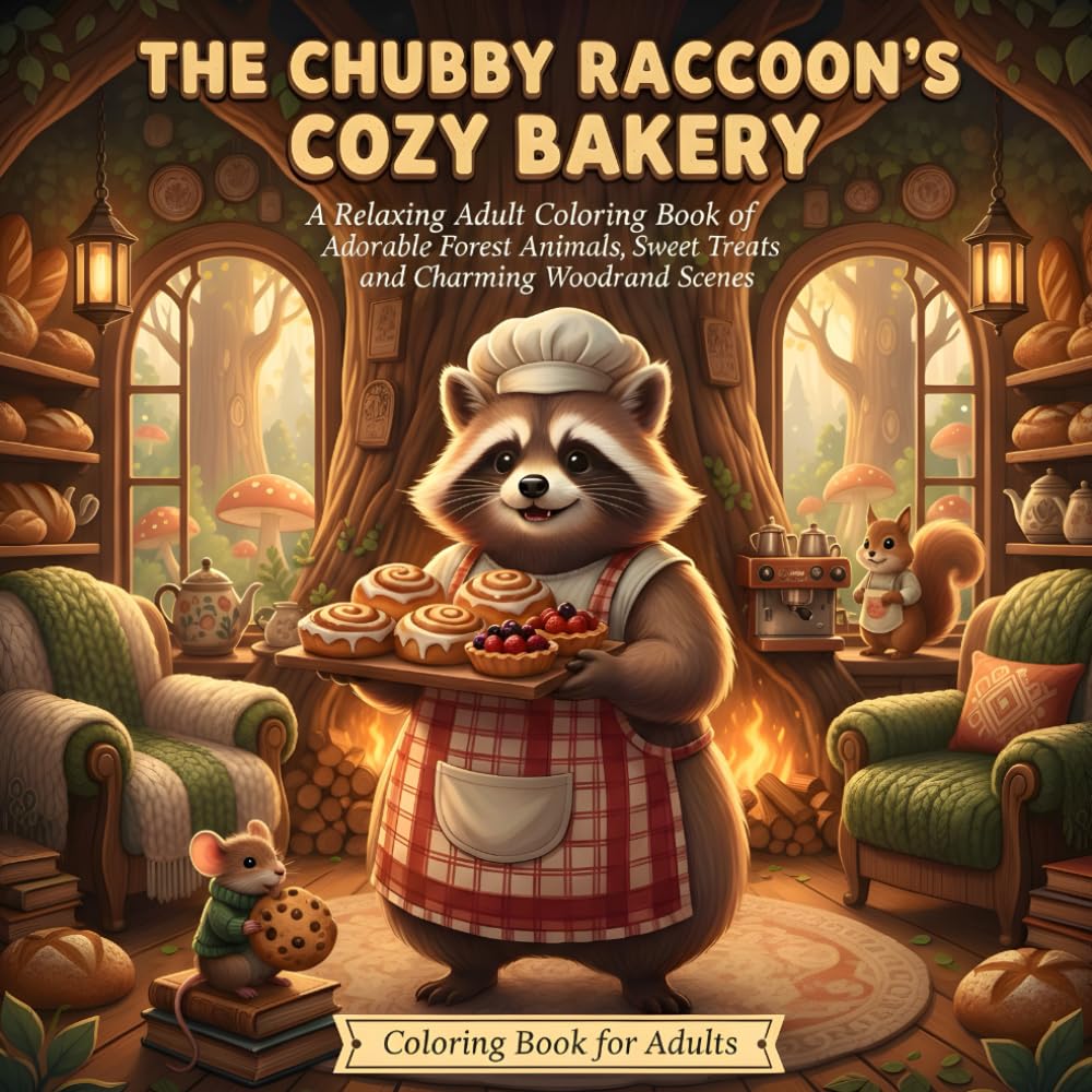 The Chubby Raccoon's Cozy Bakery: A Relaxing Adult Coloring Book of Adorable Forest Animals, Sweet Treats, and Charming Woodland Scenes (Cozy Bakery Animals)