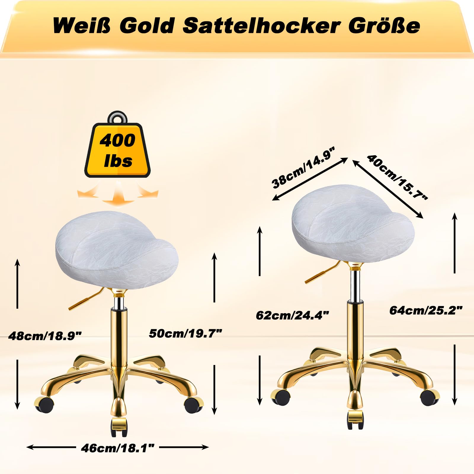 Dorado Taburete de Montar con Ruedas, Silla Tocador Banqueta Regulable, PU Cuero Patrón Glacial Giratoria Banquillo para Salón y SPA (Oro + Blanco, Sin Respaldo)