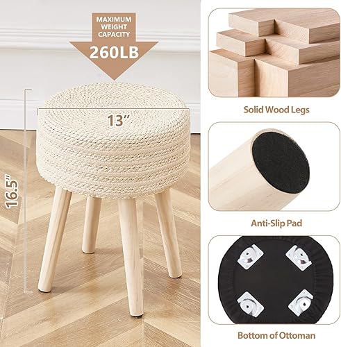 Miniatura 5 de Cpintltr Reposapiés redondo otomano natural de algas marinas con patas de madera maciza, reposapiés de jacinto tejido a mano, taburete para sala de