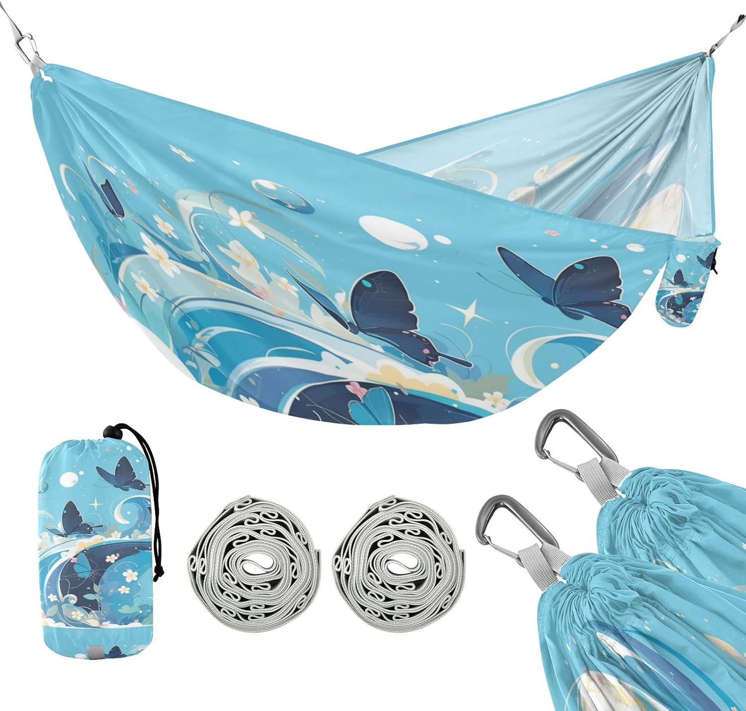 Happy Butterflies Sky Blue Camping Hammocks Hanging Rope Hammock for Outside Patio Garden