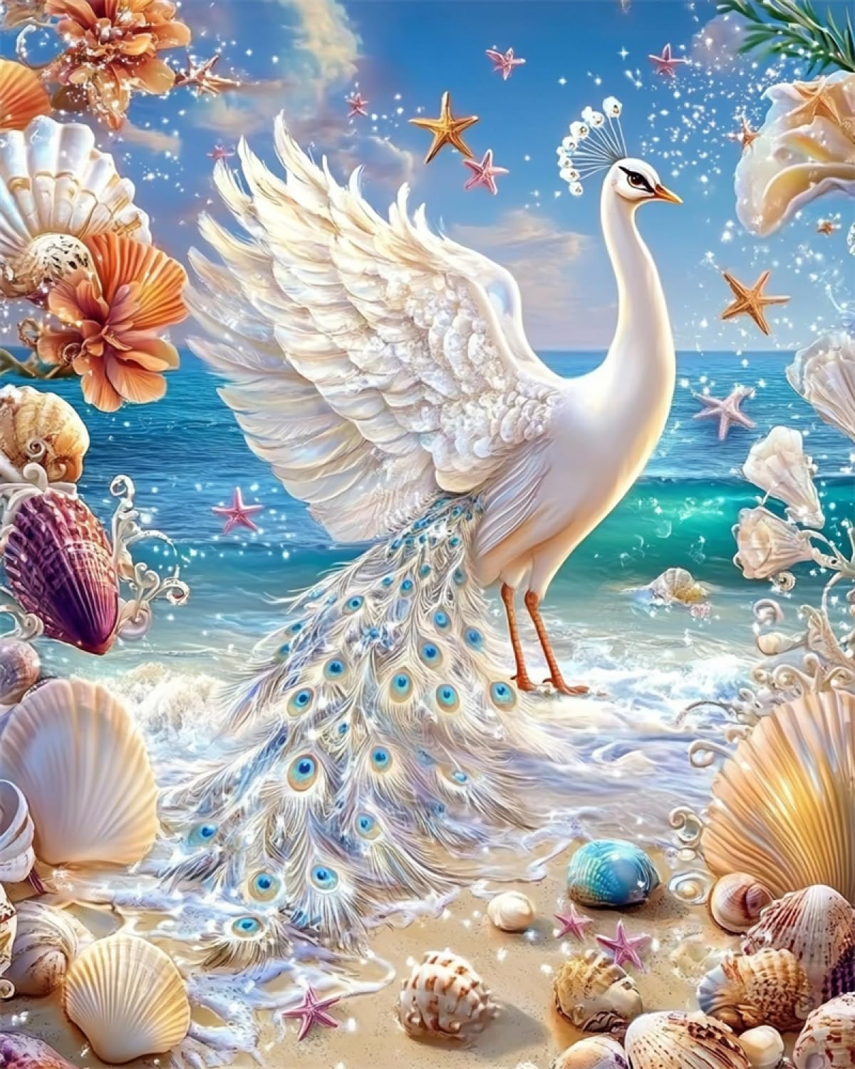 DIY Juego De Bordado Con Cuentas Animal De Pavo Real Blanco De Playa De Fantasía Kit De Bordado Con Cuentas Para Adultos,Set De Tapiz Con Bordado A Mano,Kits De Bordado Con Cuentas De Semi 40x50cm