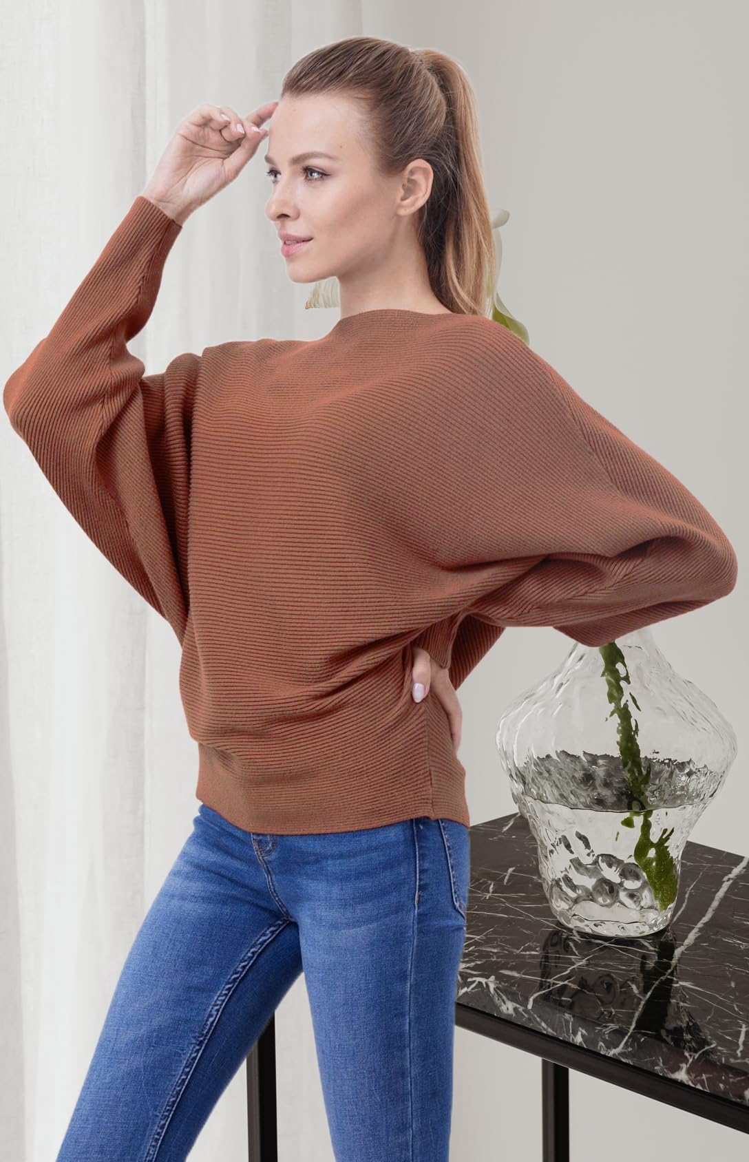 Cegerne Damen Pullover Fledermausärmel Oberteil Elegant Oversize Pulli Langarm Sweatshirt Strickpullover Batwing Knitted Sweater, Karamell