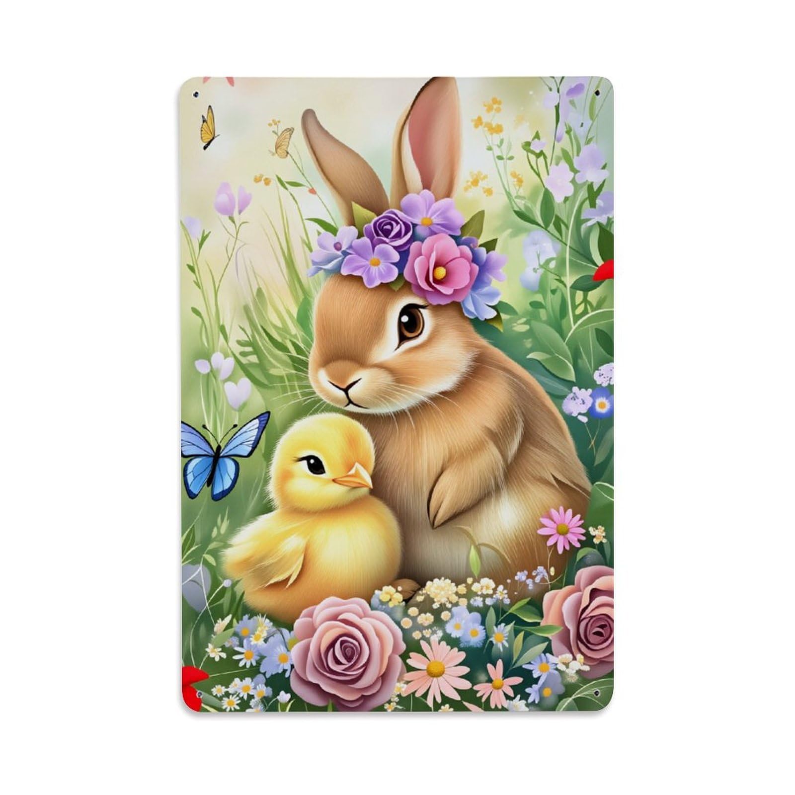 Enderetf Vintage Floral Bunny Chick Butterflies Spring Tin Sign Metal Poster, Home Bar Garage Man Cave Cafe Indoor & Outdoor Wall Decoration 8X12inches