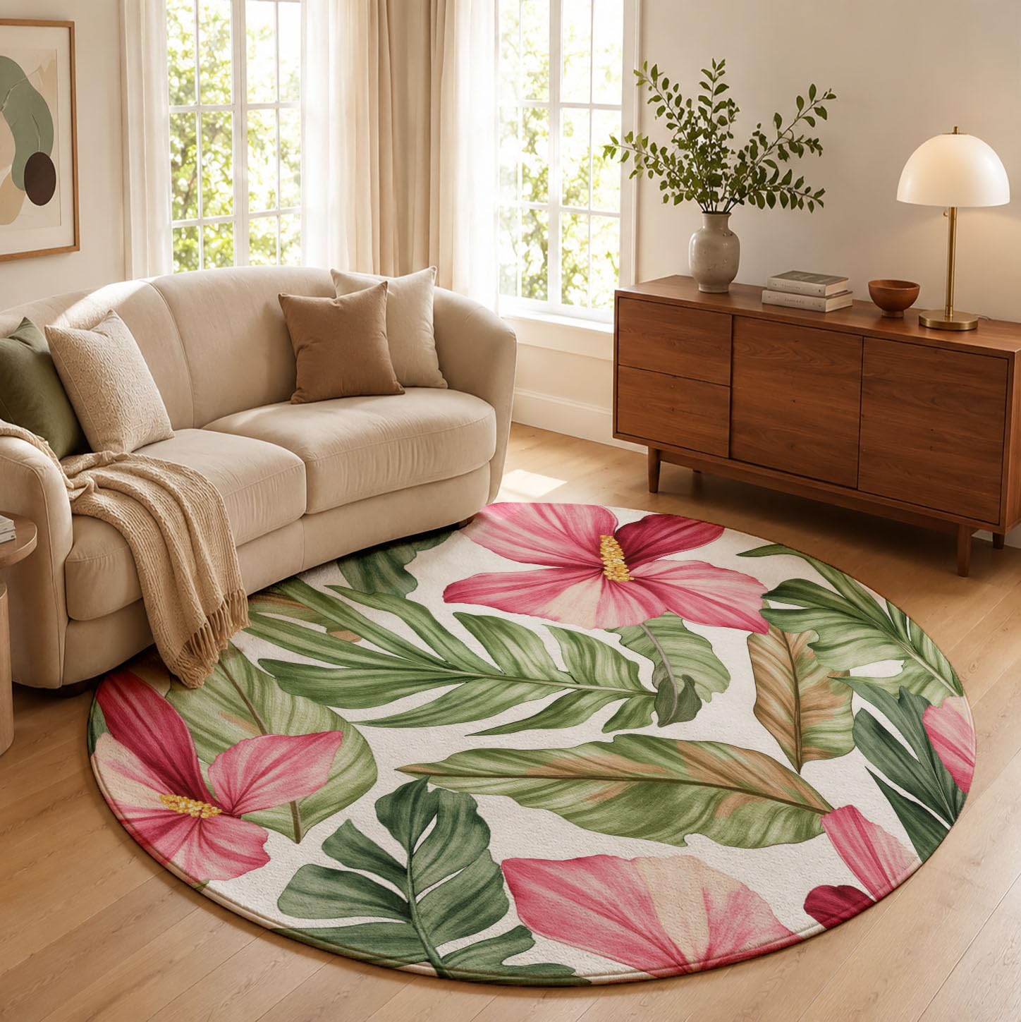 Fleurs aquarelles Tapis Salon Rond 180cm Lavable en Machine Rug