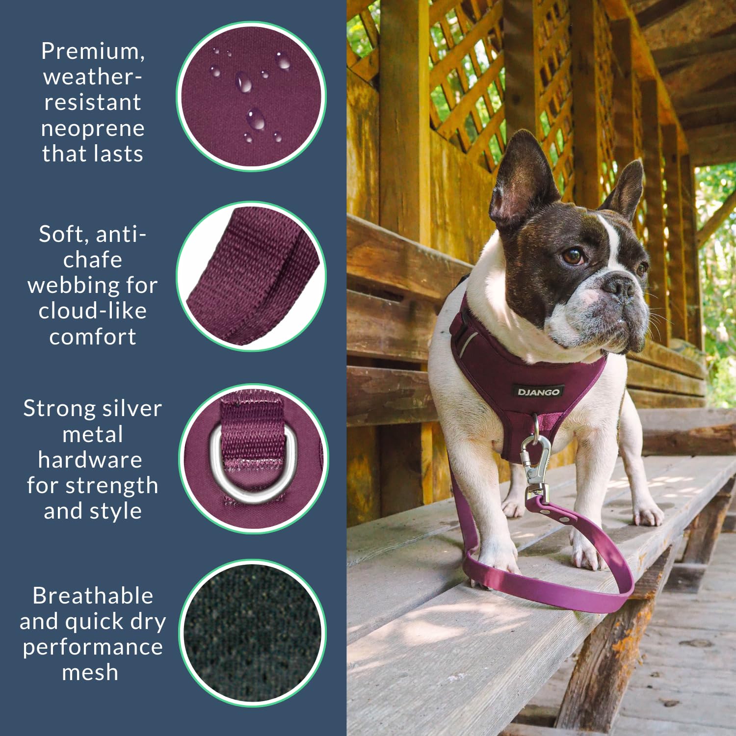 DJANGO Tahoe No Pull Hundegeschirr,Bequemes,Verstellbares und sicheres Design für den täglichen Gebrauch (Medium, Himbeerviolett)