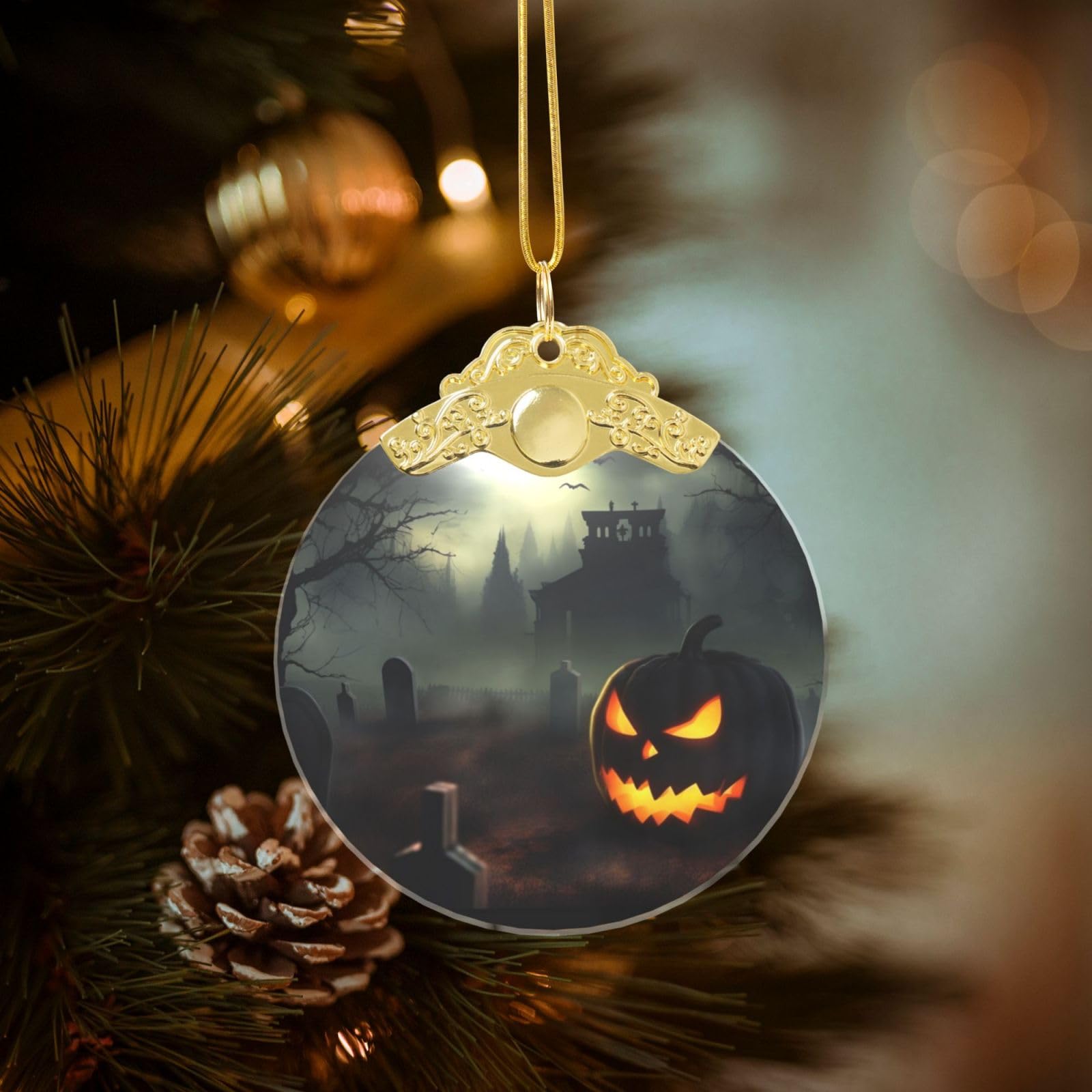 Crystal Christmas Ornaments for Christmas Tree Decoration Hanging Halloween Horror Ornament with Gold Ribbon Crafts Round Pendant for Keepsake Gifts Glass Xmas Decor Party Supplies