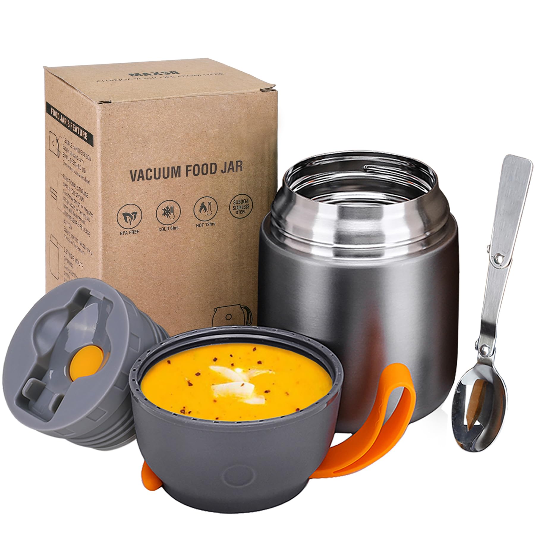 Insulated Thermo Food Jar for Hot & Cold Food for Kids Adult, 17 oz Soup Thermal Hot Food Containers for Lunch, Triple Layer Insulation Stainless Steel Food Jar with Spoon (Grey)