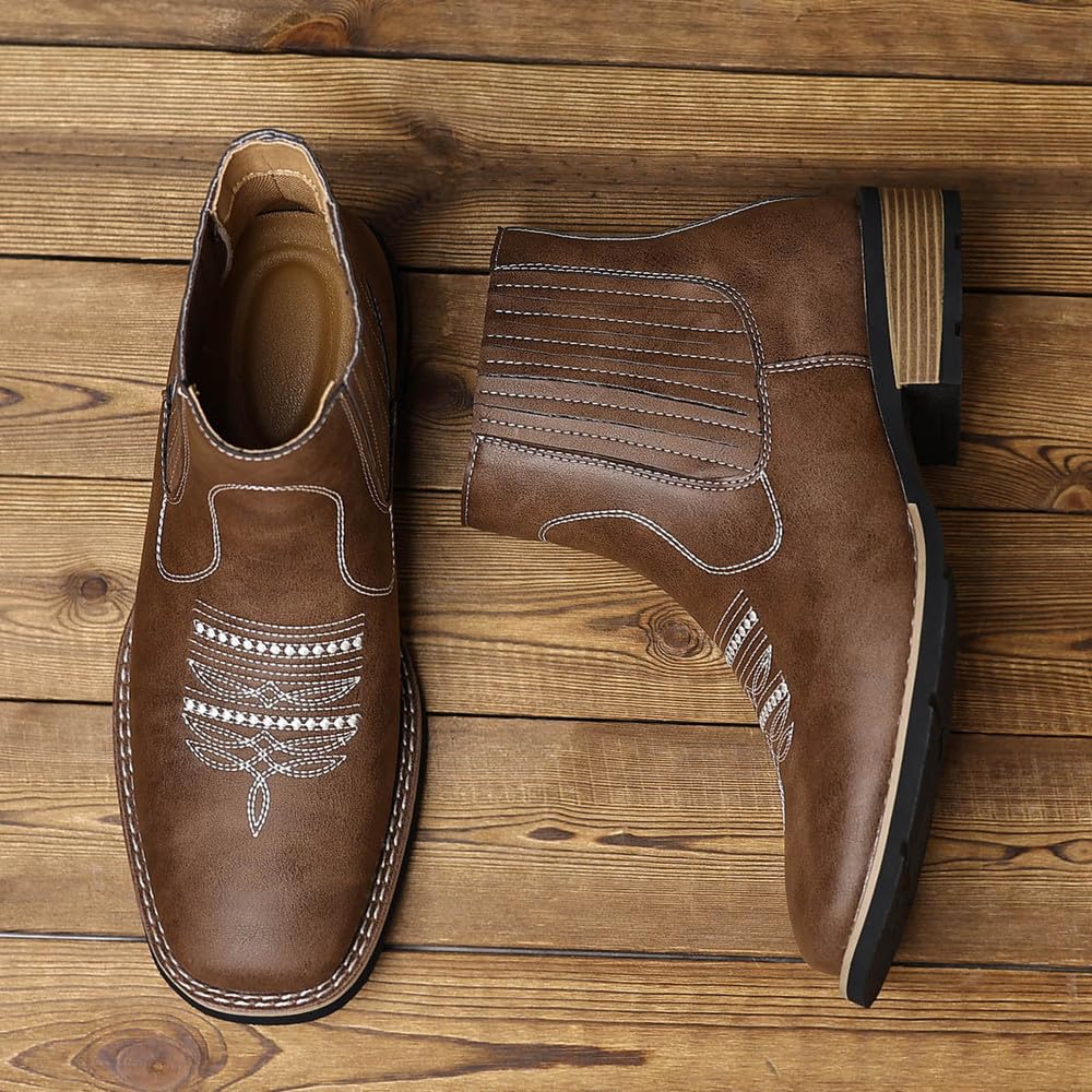 Kowbojskie buty męskie zachodnie skóra PU Chelsea wsuwane okrągłe noski haft retro klasyczny styl ranczo wygodne trwałe moda na co dzień praca