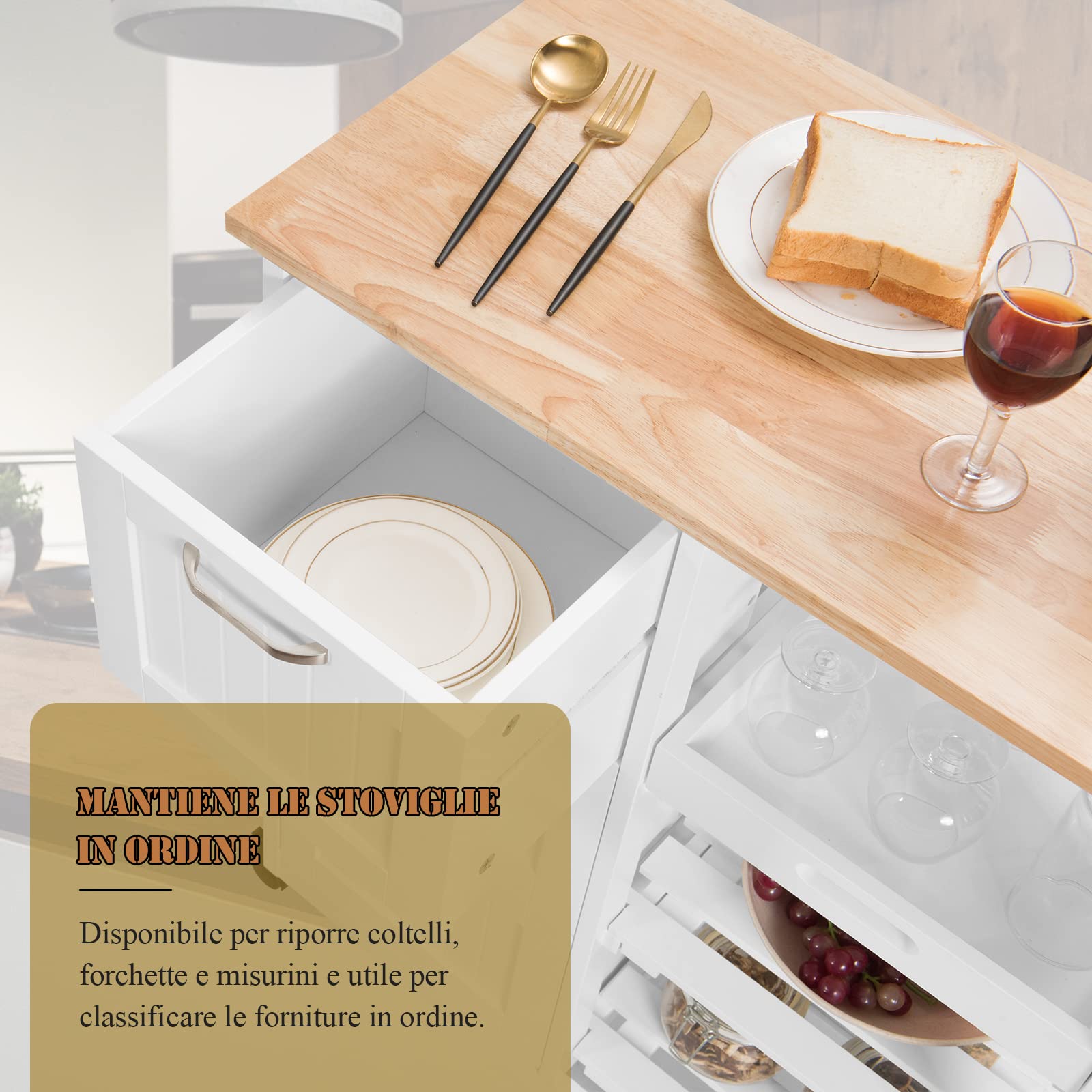 RELAX4LIFE Carrello da Cucina con Ruote Girevoli, Credenza Portaoggetti in Legno Robusto con 3 Cassetti e 3 Ripiani, Carrello di Servizio Pratico e Salvaspazio per Sala da Pranzo (Bianco)