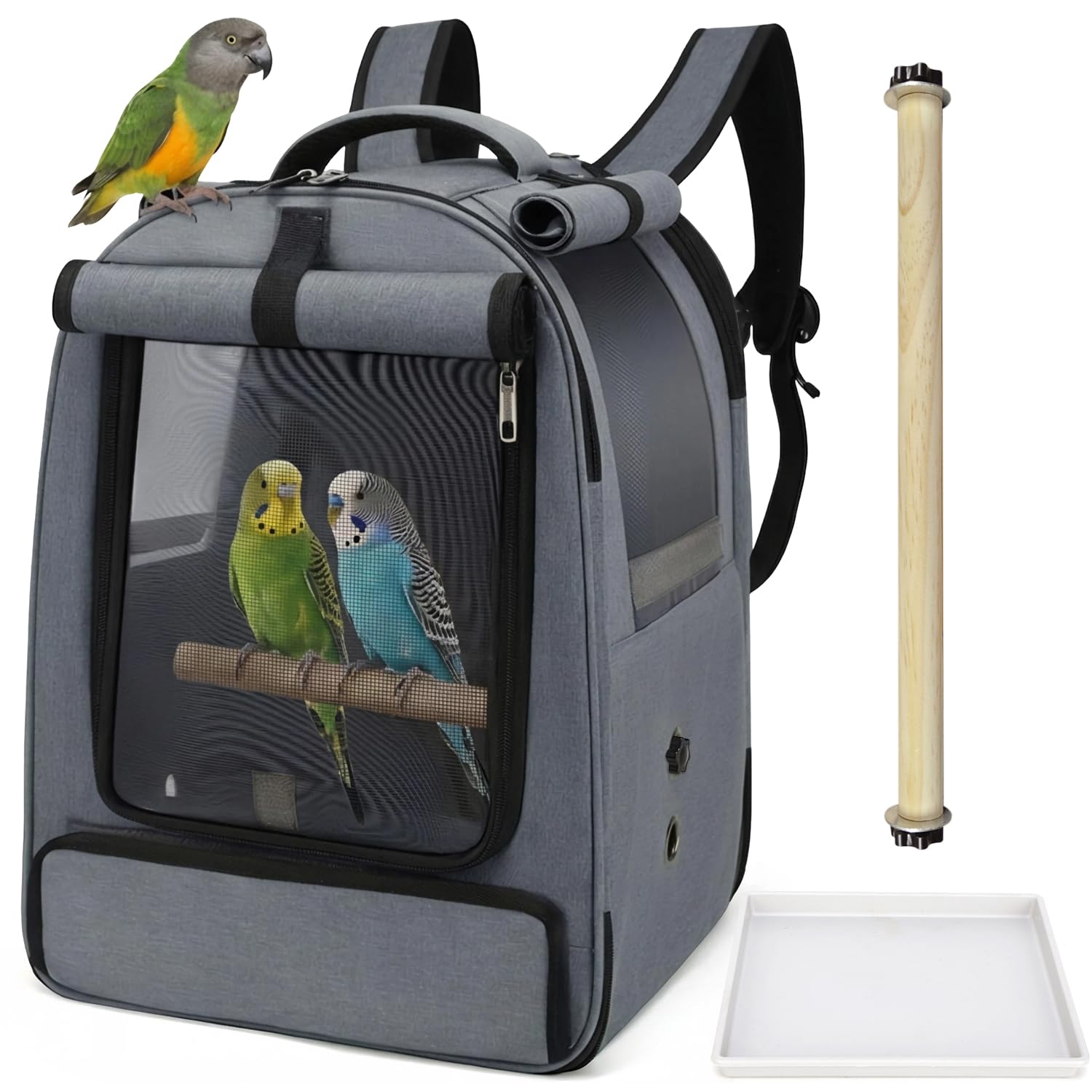 ALLSOPETS Vogelrucksack Leicht und Atmungsaktiv Tragbarer Papageiträger für Kleine Tiere mit Ständer Verstellbarer Höhe und Sichtfenster ideal für Reisen (Anthrazitgrau)