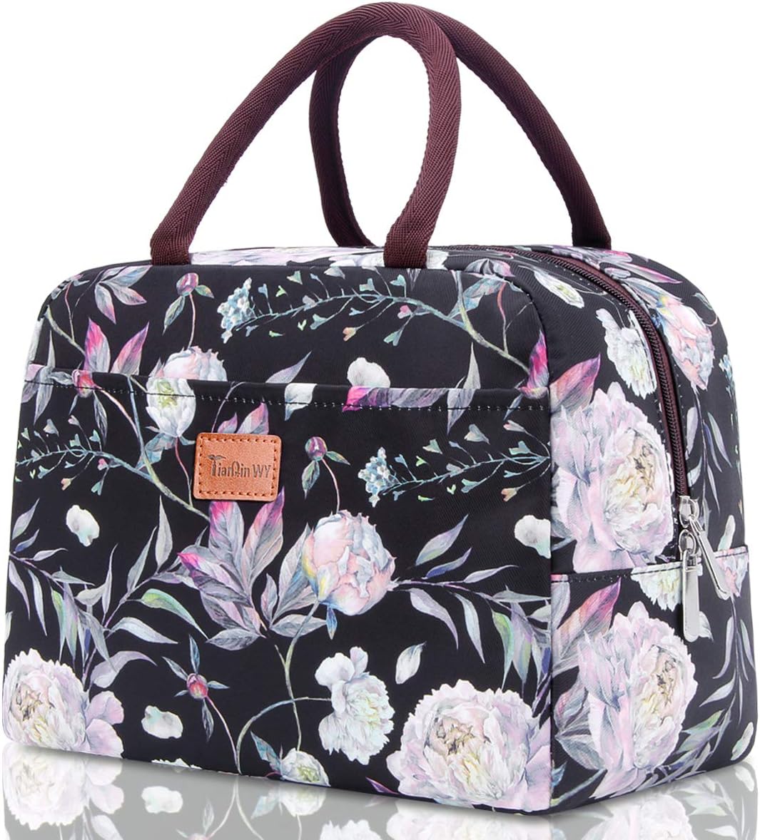 Lunch Bags for Women TianQin WY Insulated Lunch Tote bag Leak-proof lunch box Cooler Bag for Working Picnic Beach Sporting (black flower)