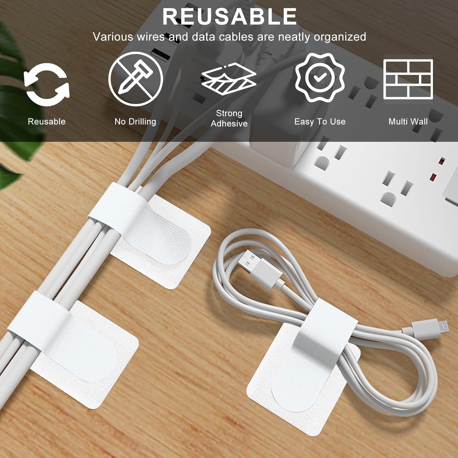 20-Pack Reusable Self-Adhesive Cable Ties Cable Management Adjustable Hook & Loop Straps for Organizing Data Cables, Wires, Headphones Under-Table Cord Management for Home, Office (White)