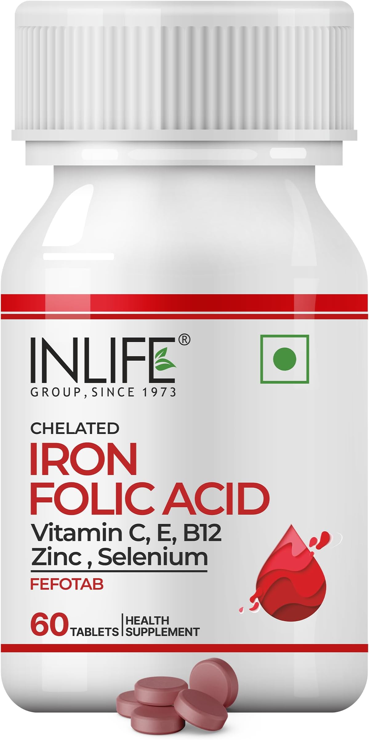 INLIFE Chelated Iron Ferrous Bisglycinate, Folic Acid Vitamin B12 Zinc C & E Selenium, Hemoglobin Support, Women Men, 60 Tablets (Pack of 1)