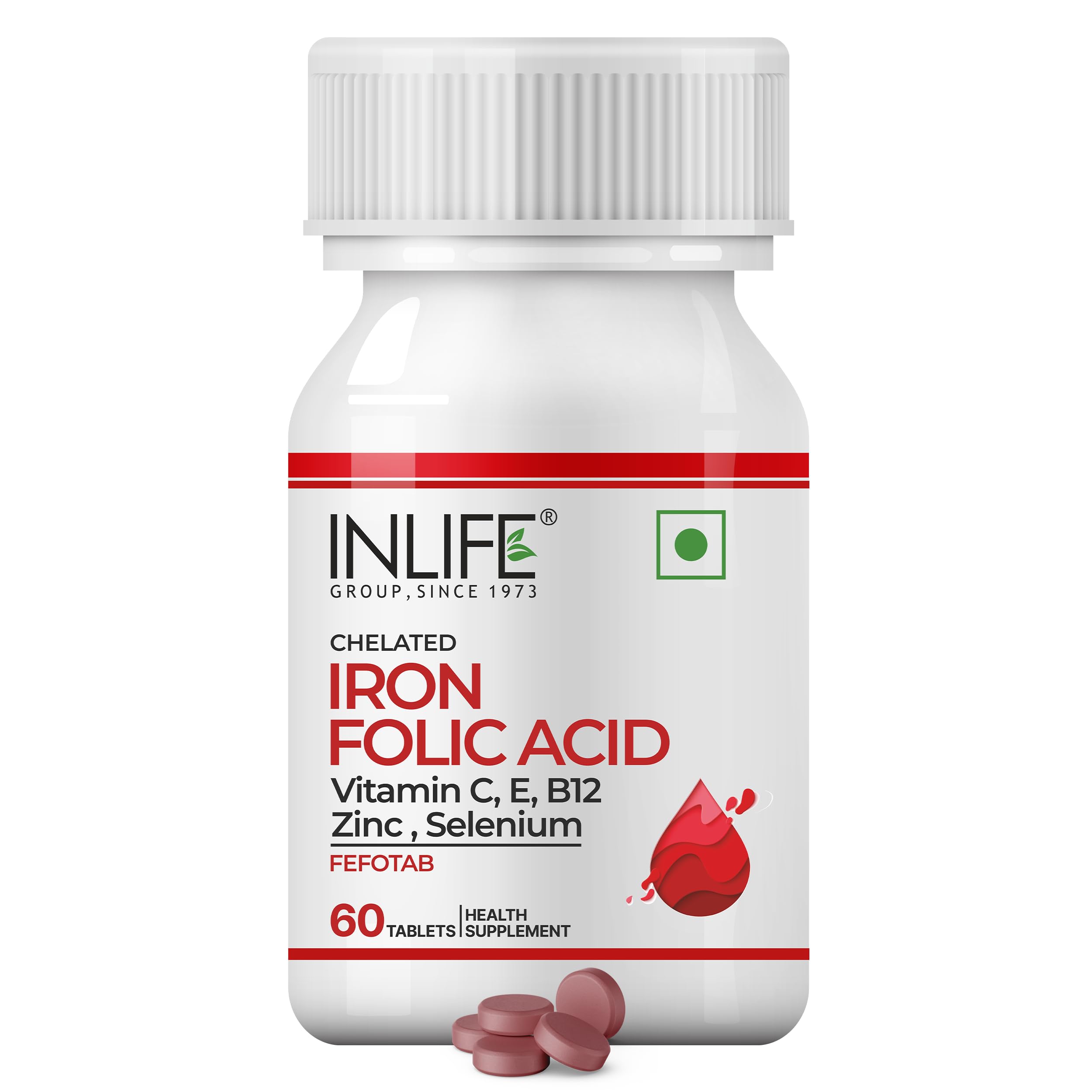 INLIFE Chelated Iron Folic Acid Supplement with Vitamin C, E, B12, Zinc & Selenium for Men Women - 60 Tablets (Pack of 1, 60)-image-18