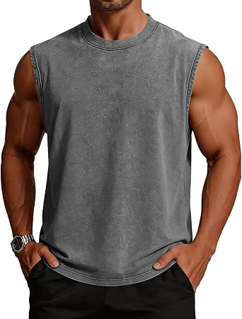 Mens Tank Tops Summer Sleeveless T Shirt Cotton Crew Neck Relaxed Fit Muscle Tank Top Moisture Wicking Plain Washed Athletic Tshirt for Workout Beach