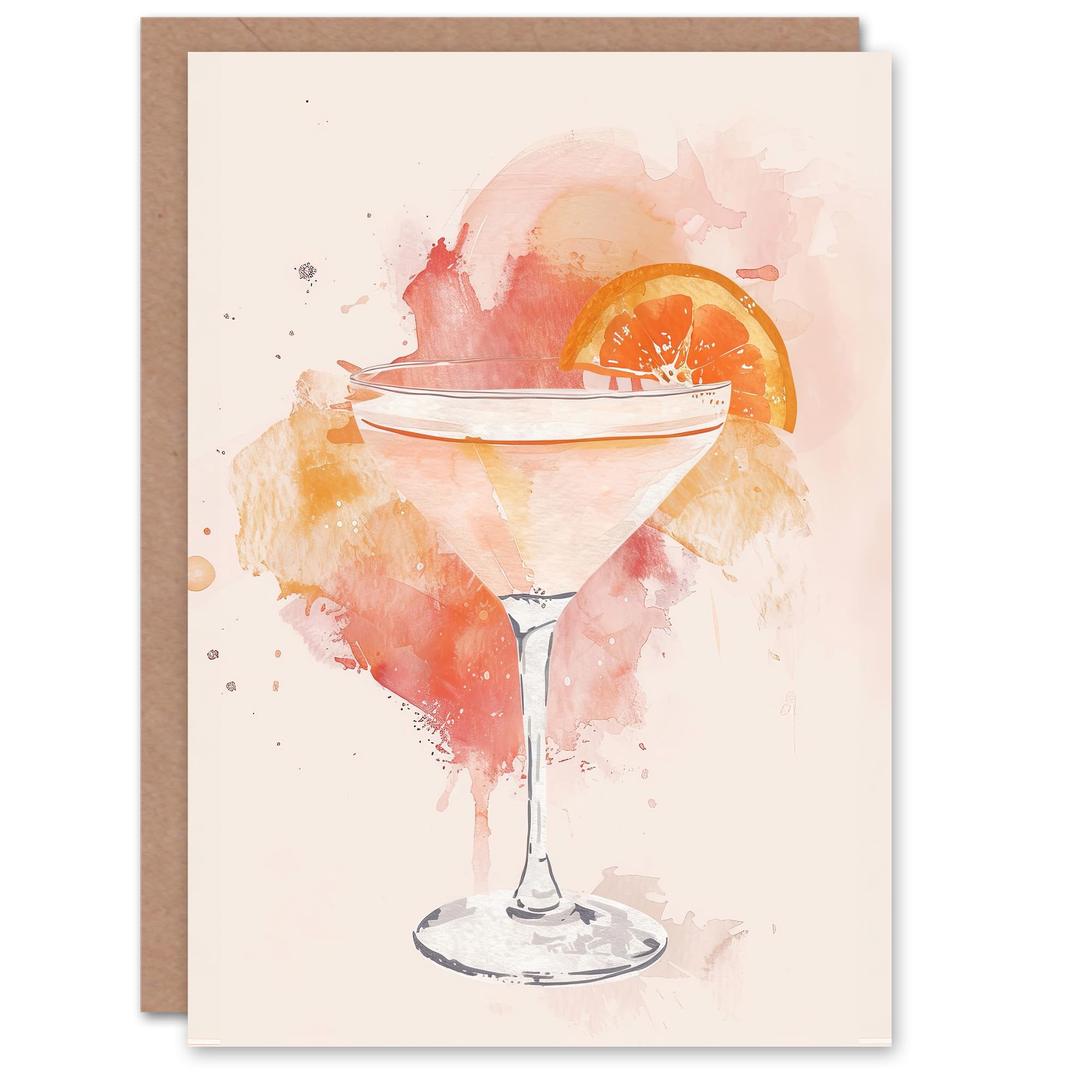Artery8 Greeting Card Sidecar Cocktail Pastel Pink Orange Watercolour Blank For All Him Or Her Art Birthday Card