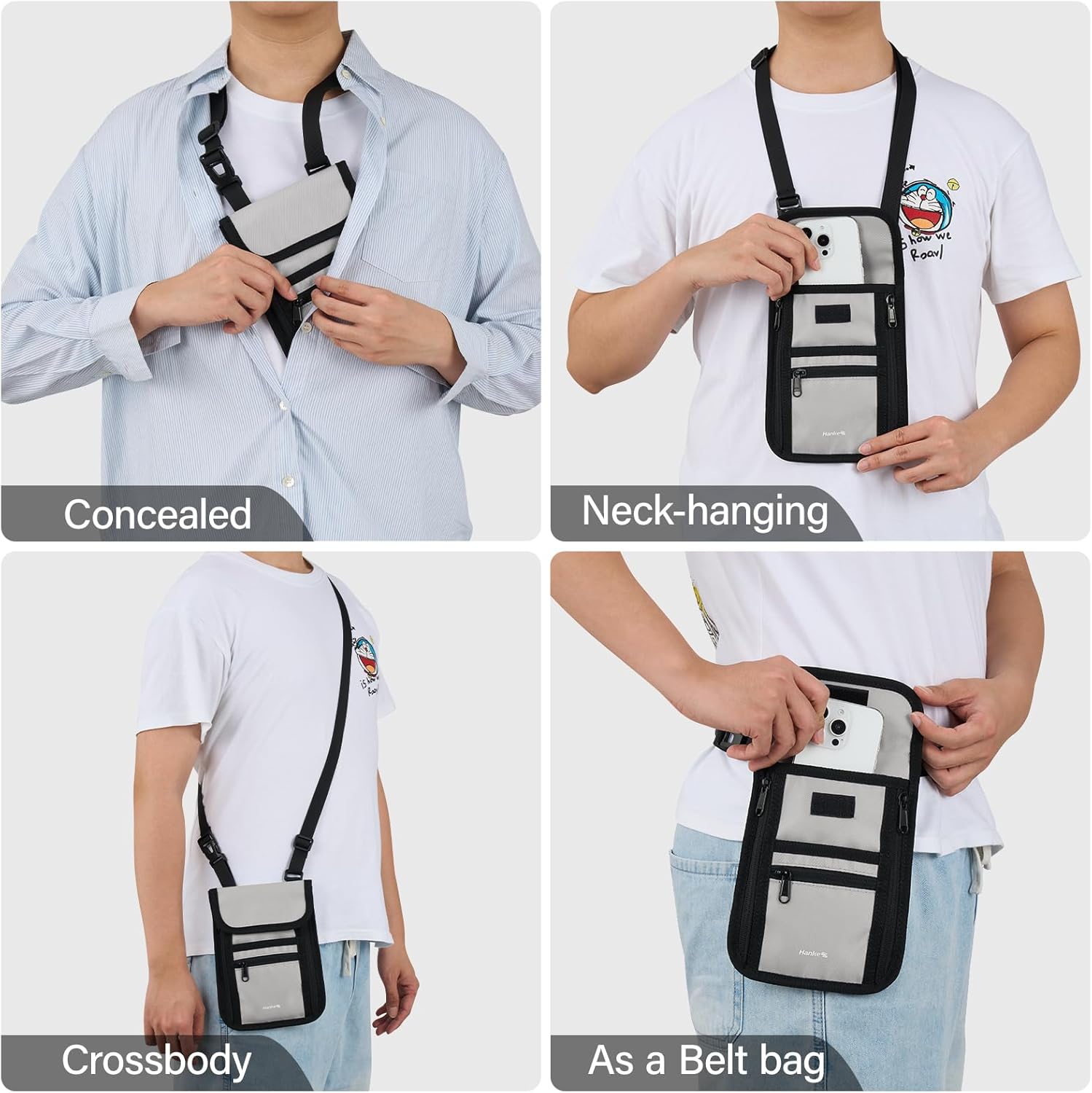 Hanke Passport Holder, Travel Wallet for Womens and Men, Neck Wallet Hidden Passport Pouch for Travel Adjustable Lightweight Thin with 6 compartments (Light Grey) - Image 2