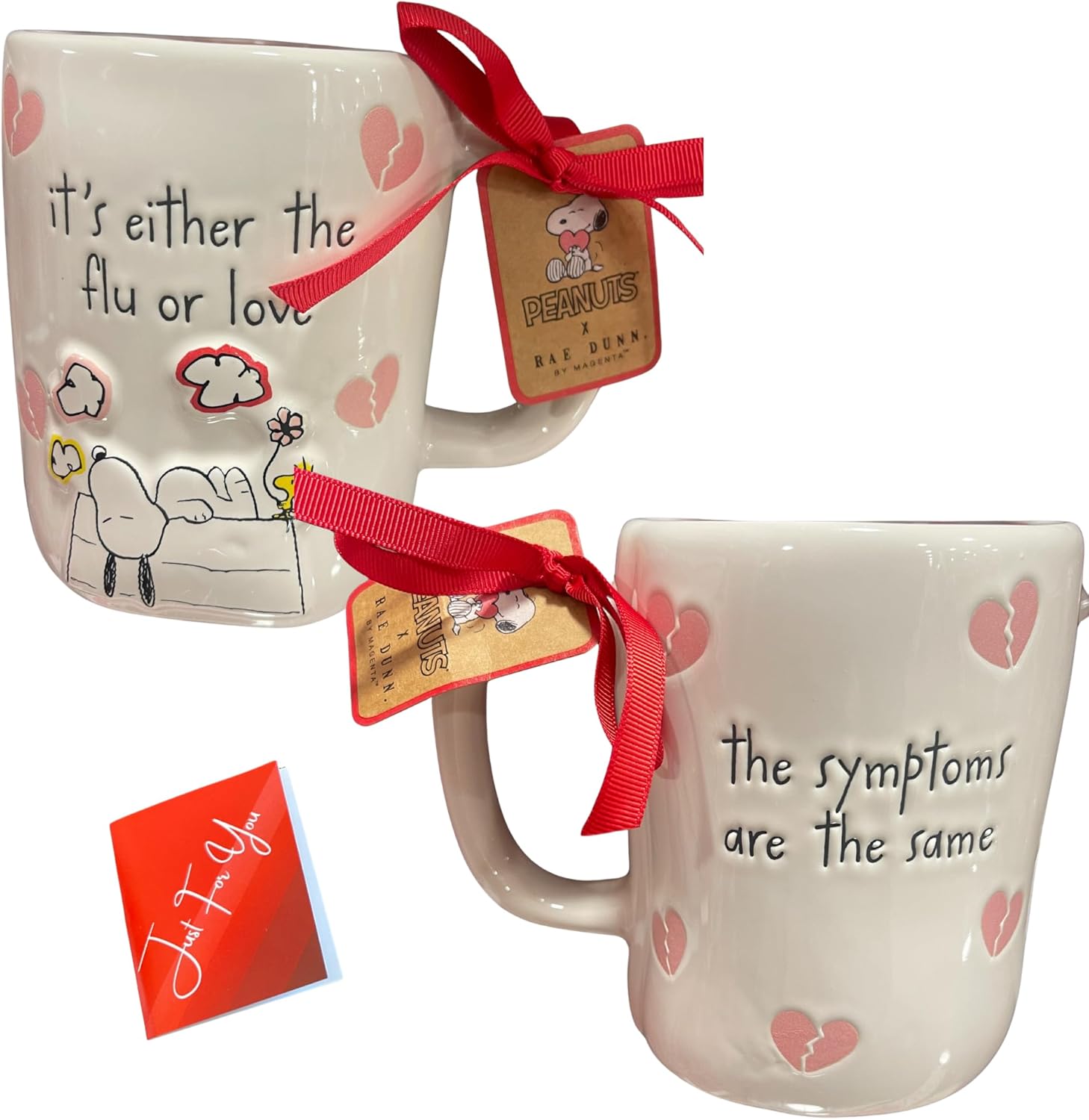 Rae Dunn - IT'S EITHER THE FLU OR LOVE THE SYMPTOMS ARE THE SAME - double sided 16 oz LL Ceramic Mug with Artistix Christmas Shoppe® Gift Tag Bundle